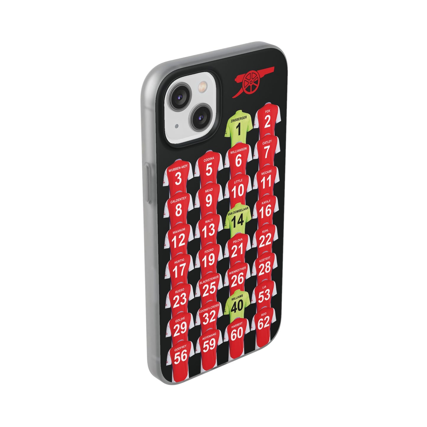 Arsenal Women Home Kit iPhone Flexi Case - iPhone 16, 15, 14, 13, 12, Mini/Plus/Pro/Pro Max - Black