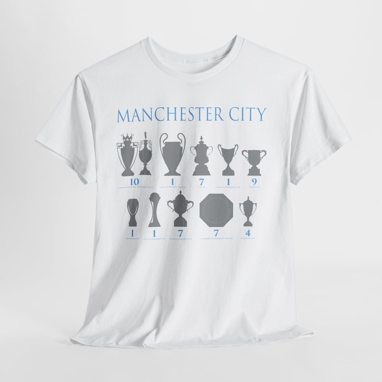 Manchester City Trophies Unisex Heavy Cotton T-Shirt - Light Blue/White/Black/Navy