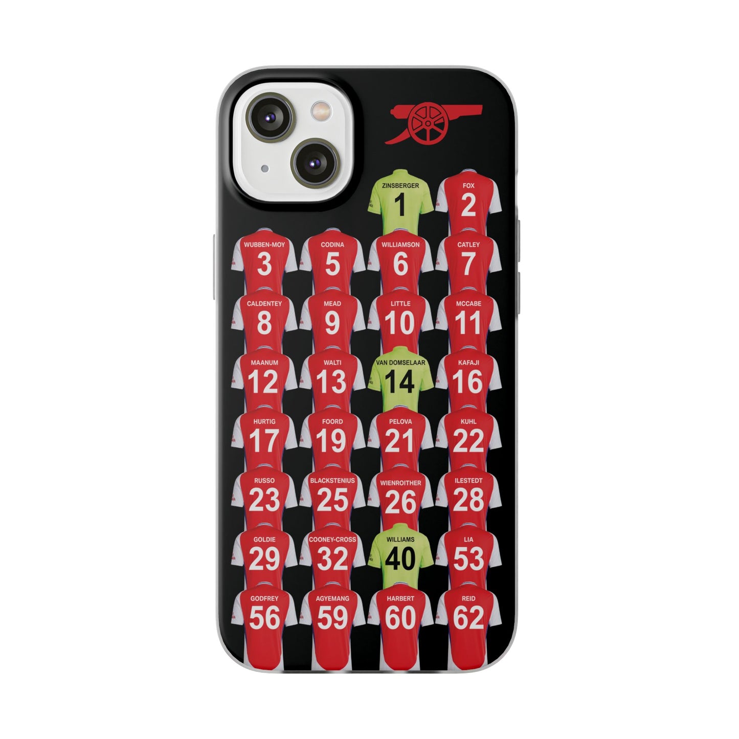 Arsenal Women Home Kit iPhone Flexi Case - iPhone 16, 15, 14, 13, 12, Mini/Plus/Pro/Pro Max - Black