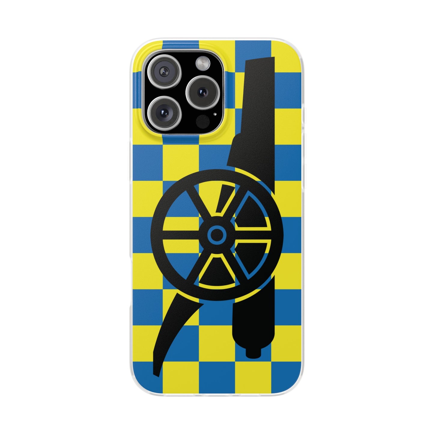 Arsenal Cannon Blue & Yellow Chequered iPhone Flexi Case - iPhone 16, 15, 14, Plus/Pro/Pro Max