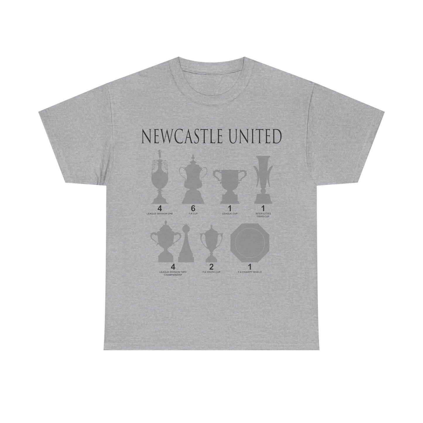 Newcastle United Trophies Unisex Heavy Cotton T-Shirt UPDATED - Black/White/Sport Grey/Charcoal