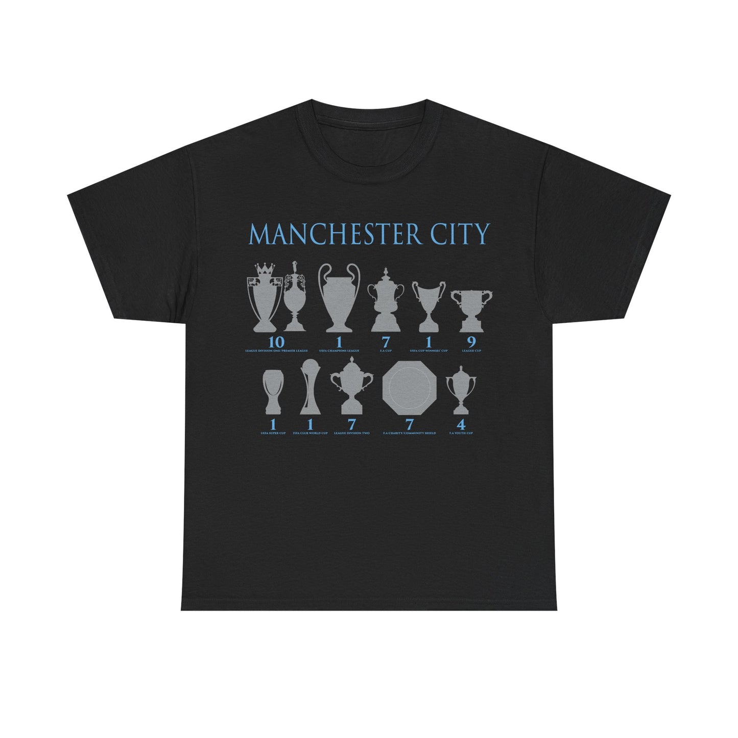 Manchester City Trophies Unisex Heavy Cotton T-Shirt - Light Blue/White/Black/Navy