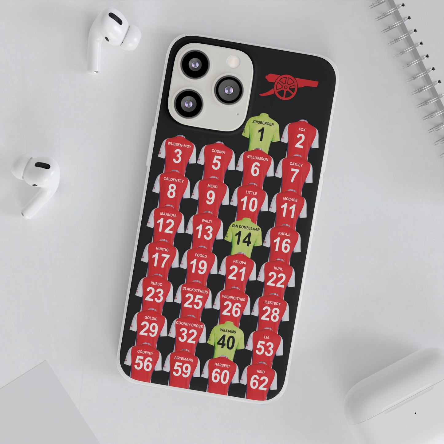 Arsenal Women Home Kit iPhone Flexi Case - iPhone 16, 15, 14, 13, 12, Mini/Plus/Pro/Pro Max - Black