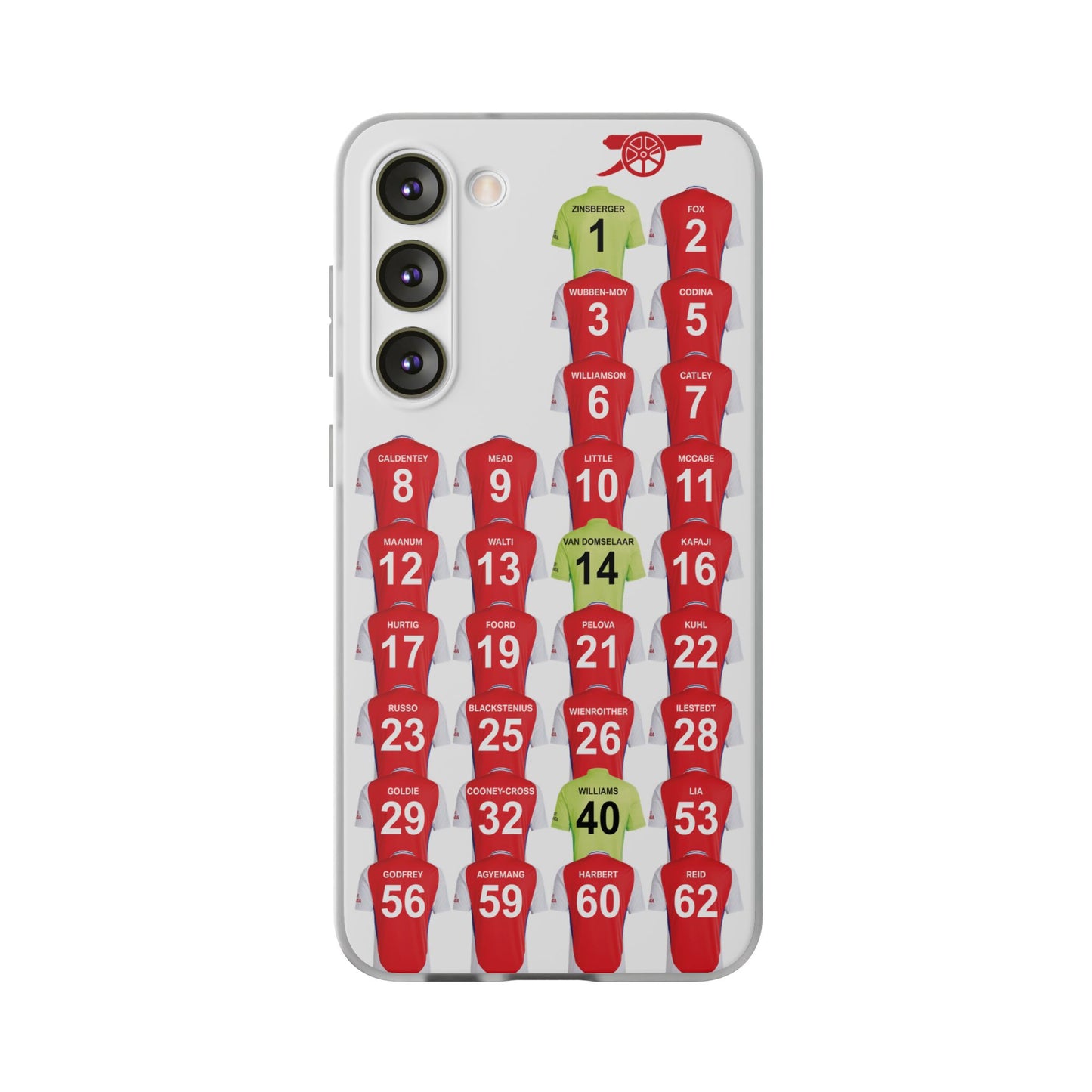 Arsenal Women Home Kit Samsung Galaxy Flexi Case - Samsung Galaxy S23, S22, S21, S10, Plus/Ultra - White