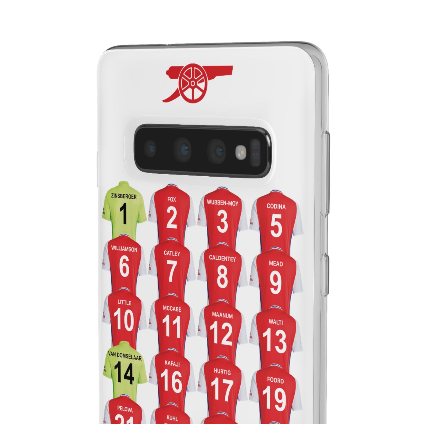 Arsenal Women Home Kit Samsung Galaxy Flexi Case - Samsung Galaxy S23, S22, S21, S10, Plus/Ultra - White