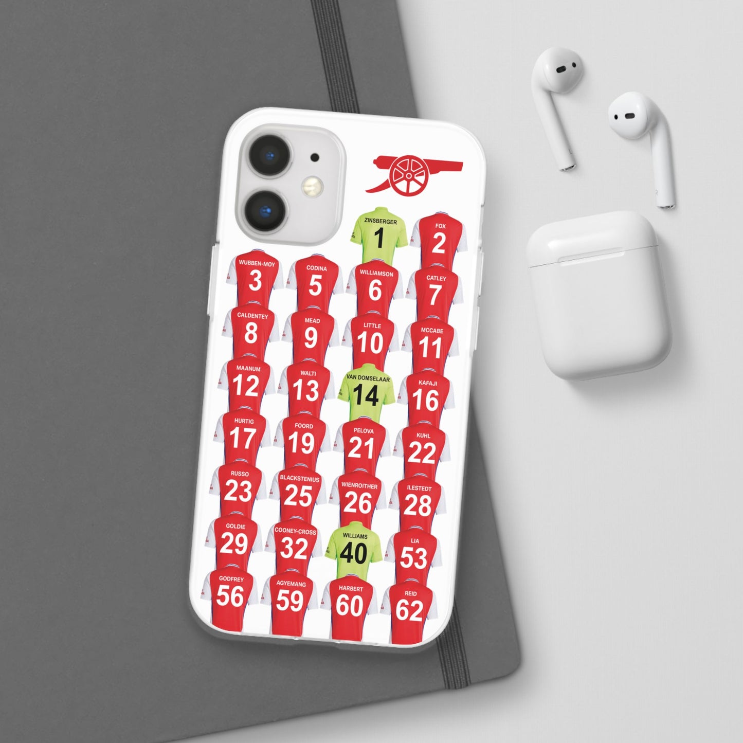 Arsenal Women Home Kit iPhone Flexi Case - iPhone 16, 15, 14, 13, 12, Mini/Plus/Pro/Pro Max - White