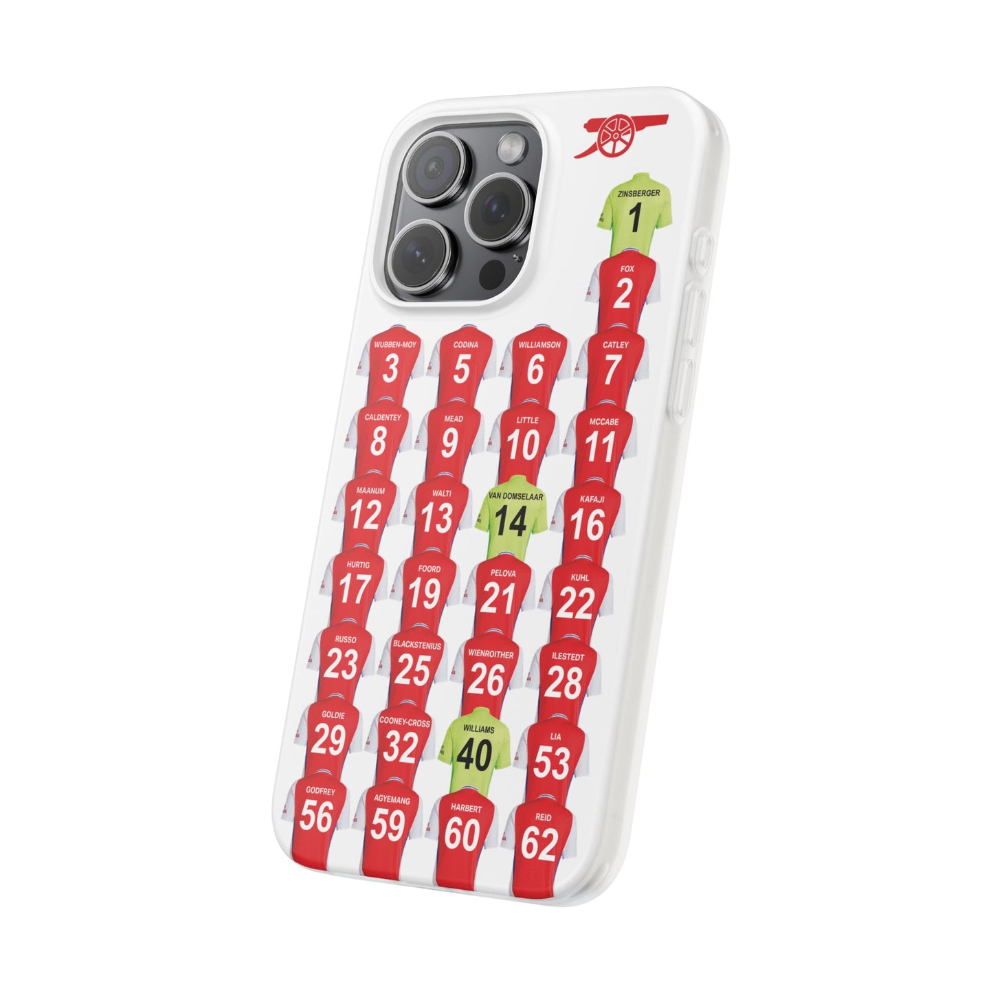 Arsenal Women Home Kit iPhone Flexi Case - iPhone 16, 15, 14, 13, 12, Mini/Plus/Pro/Pro Max - White