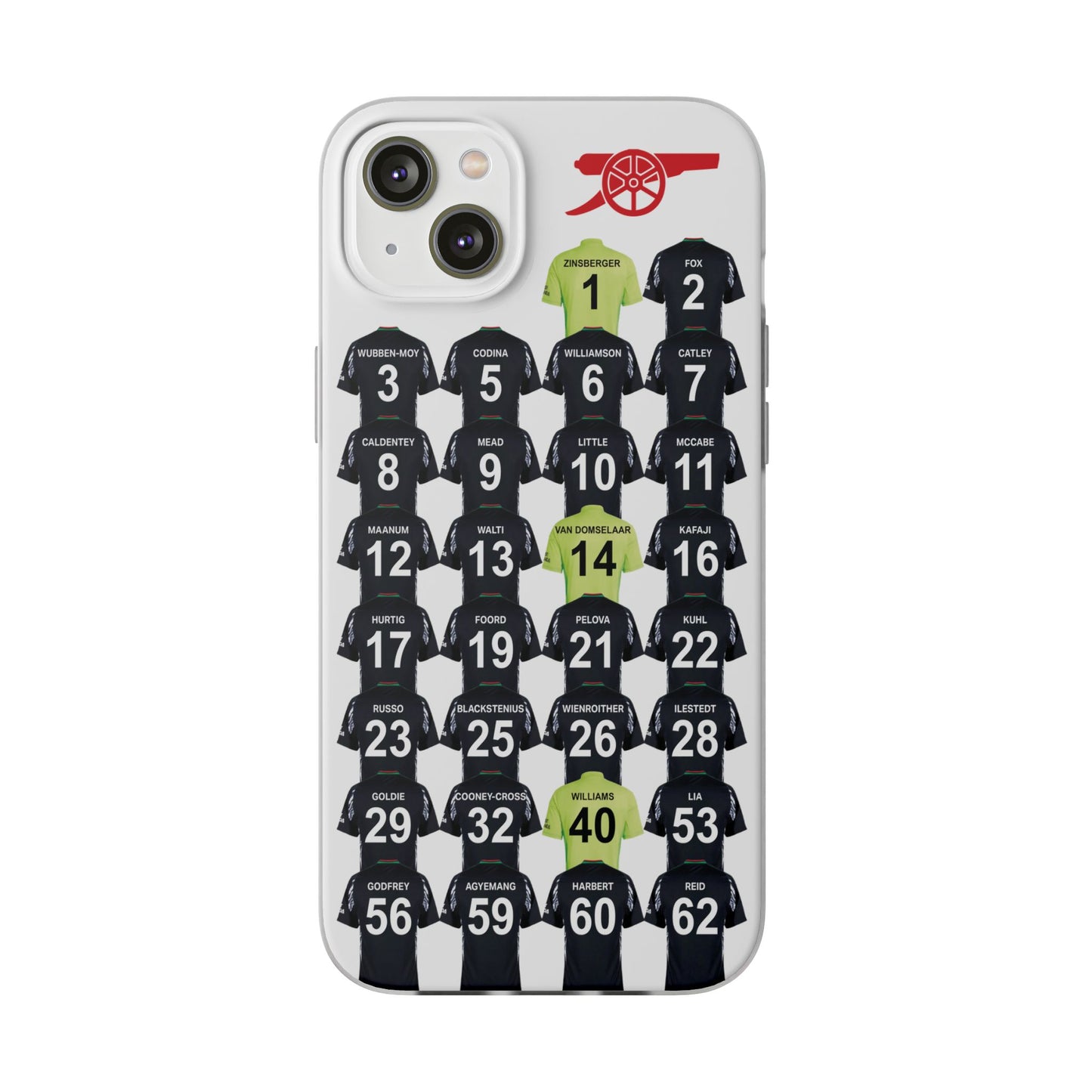 Arsenal Women Away Kit iPhone Flexi Case - iPhone 16, 15, 14, 13, 12, Mini/Plus/Pro/Pro Max - White