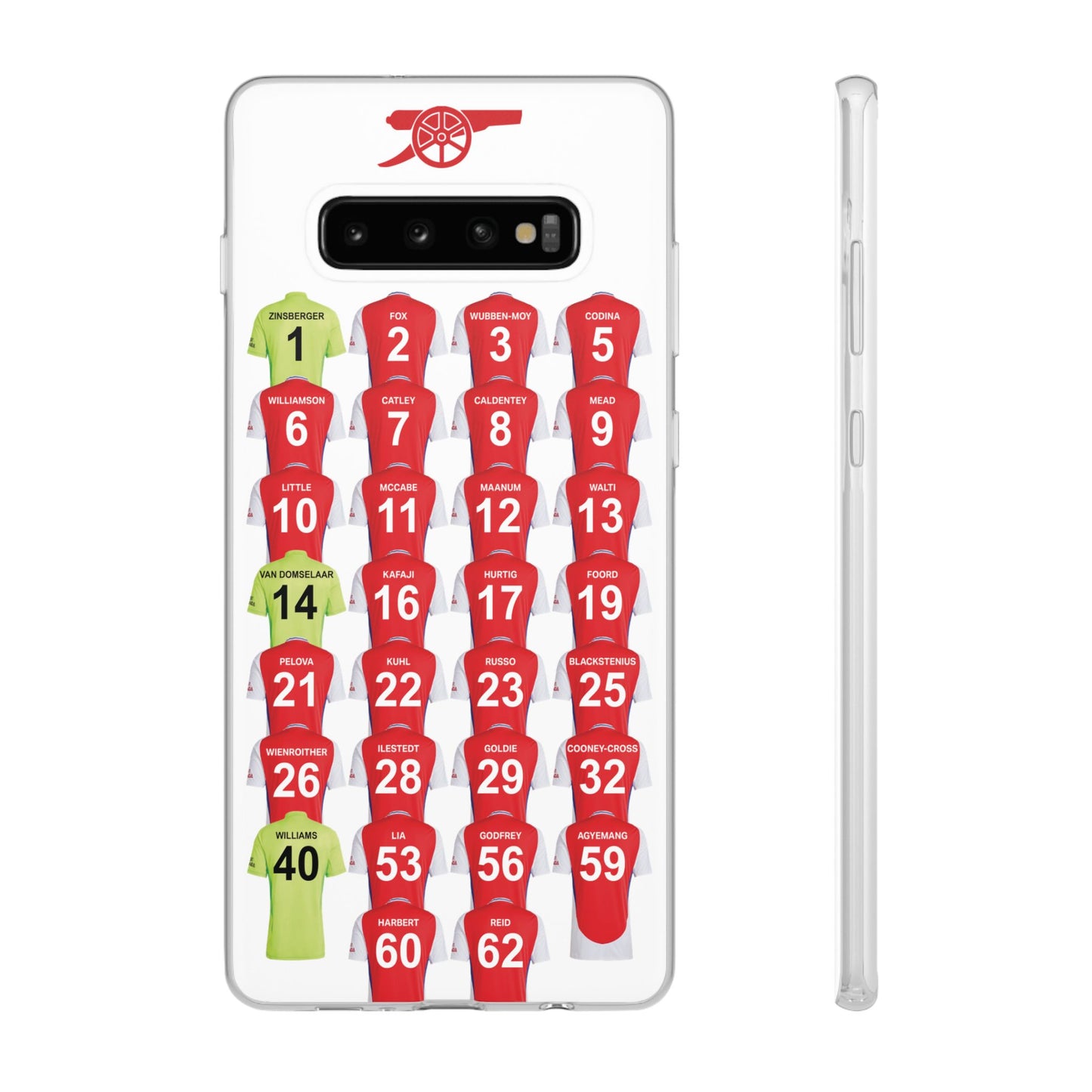 Arsenal Women Home Kit Samsung Galaxy Flexi Case - Samsung Galaxy S23, S22, S21, S10, Plus/Ultra - White