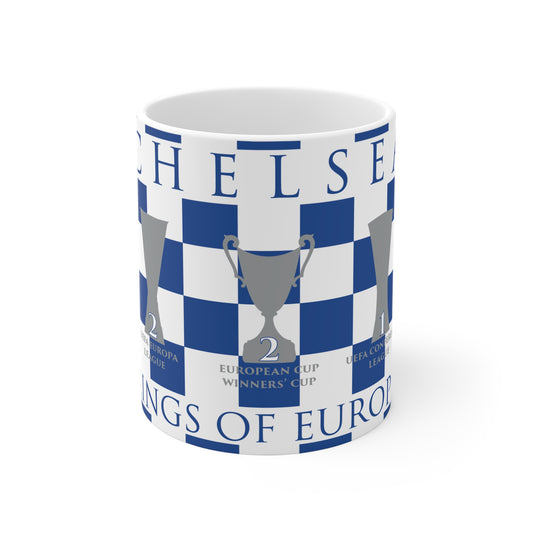 Chelsea Blue & White Chequered Kings of Europe Mug - Blue Header Text
