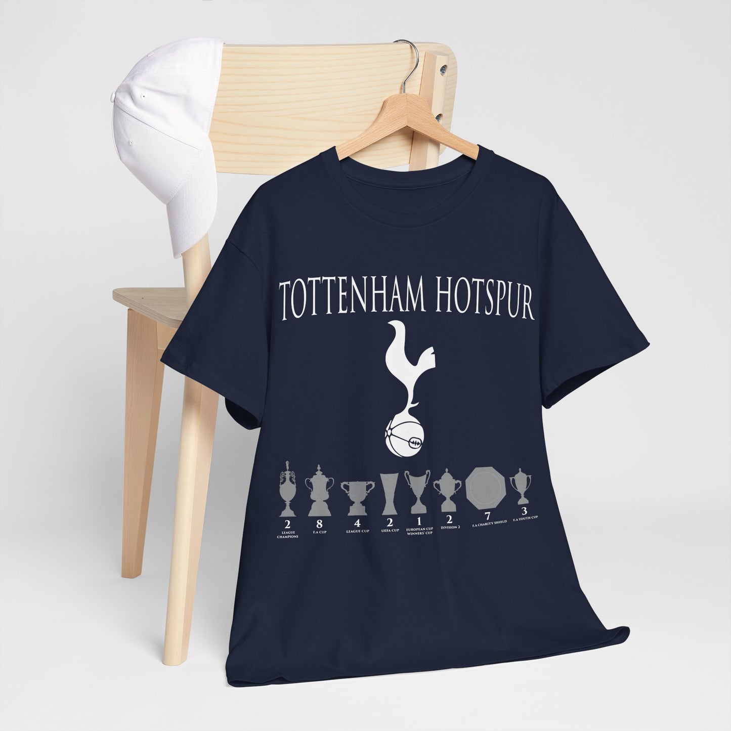 Tottenham Hotspur Cockerel & Trophies Unisex Heavy Cotton T-Shirt - Navy/White/Black/Gold/Light Blue/Royal