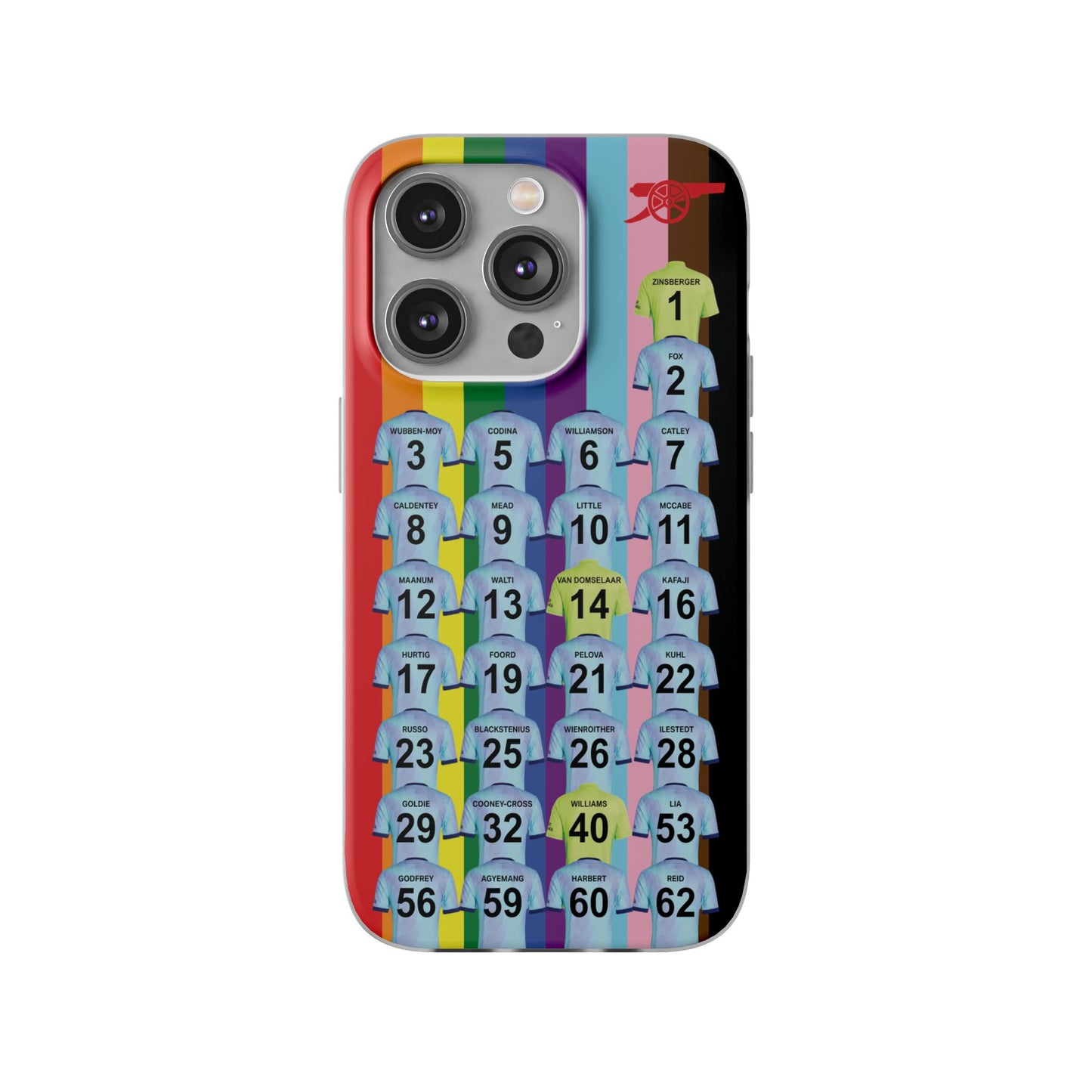 Arsenal Women Third Kit iPhone Flexi Case - iPhone 16, 15, 14, 13, 12, Mini/Plus/Pro/Pro Max - Rainbow