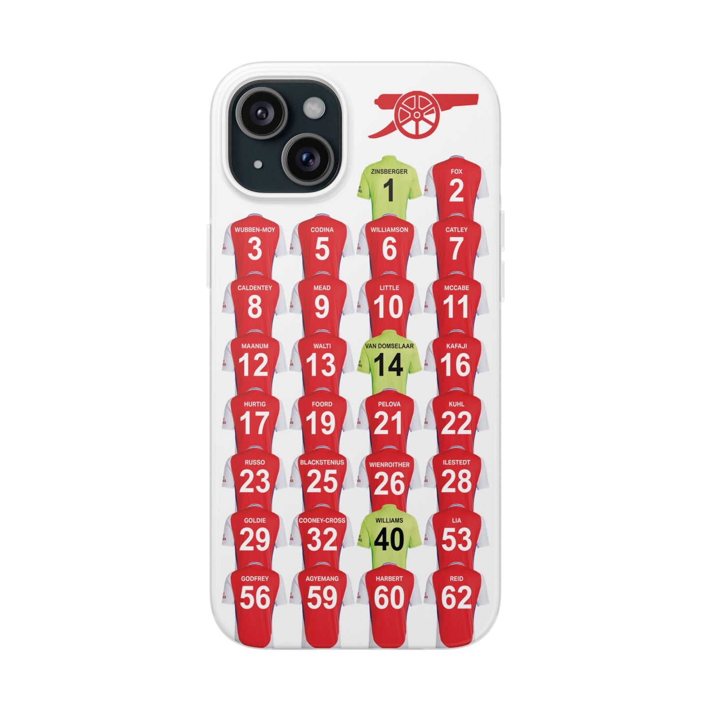 Arsenal Women Home Kit iPhone Flexi Case - iPhone 16, 15, 14, 13, 12, Mini/Plus/Pro/Pro Max - White