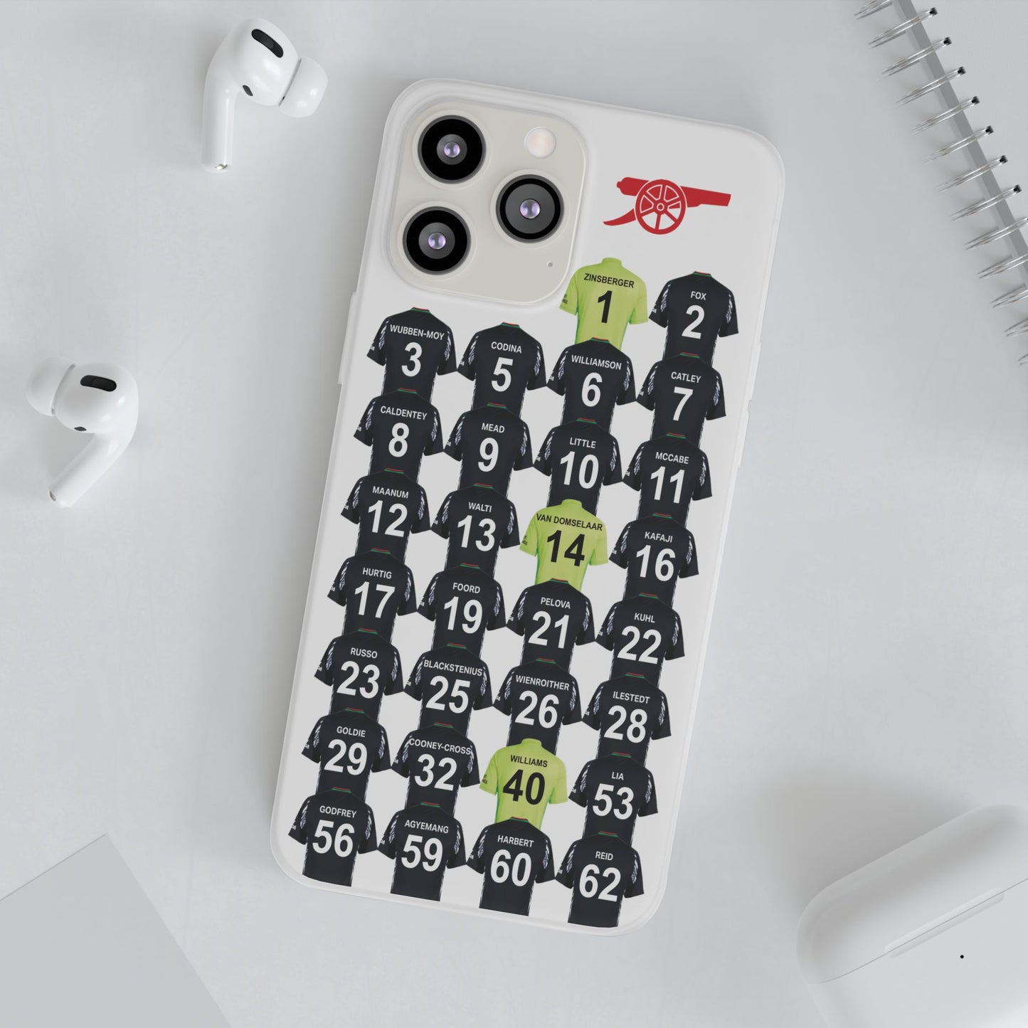 Arsenal Women Away Kit iPhone Flexi Case - iPhone 16, 15, 14, 13, 12, Mini/Plus/Pro/Pro Max - White