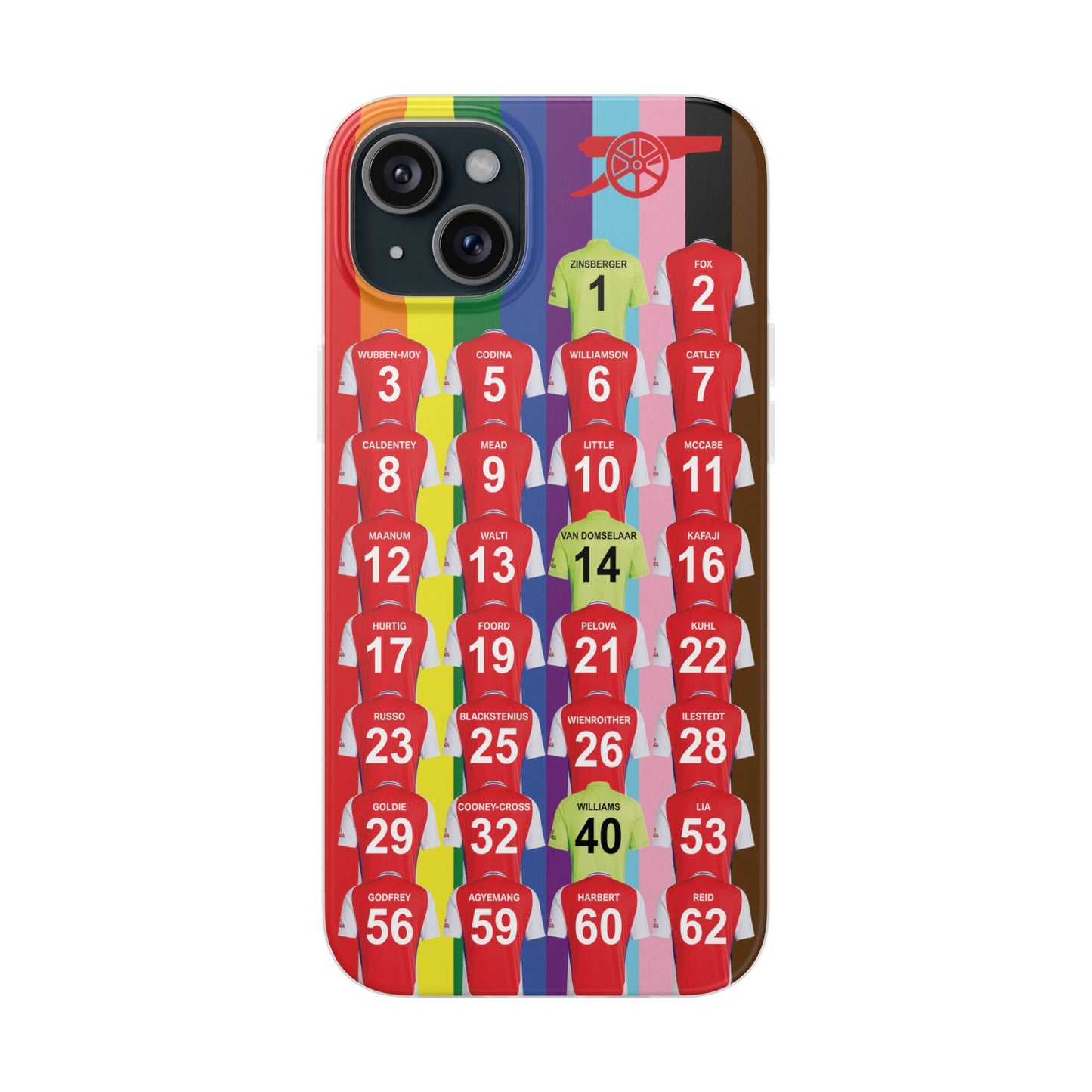 Arsenal Women Home Kit iPhone Flexi Case - iPhone 16, 15, 14, 13, 12, Mini/Plus/Pro/Pro Max - Rainbow