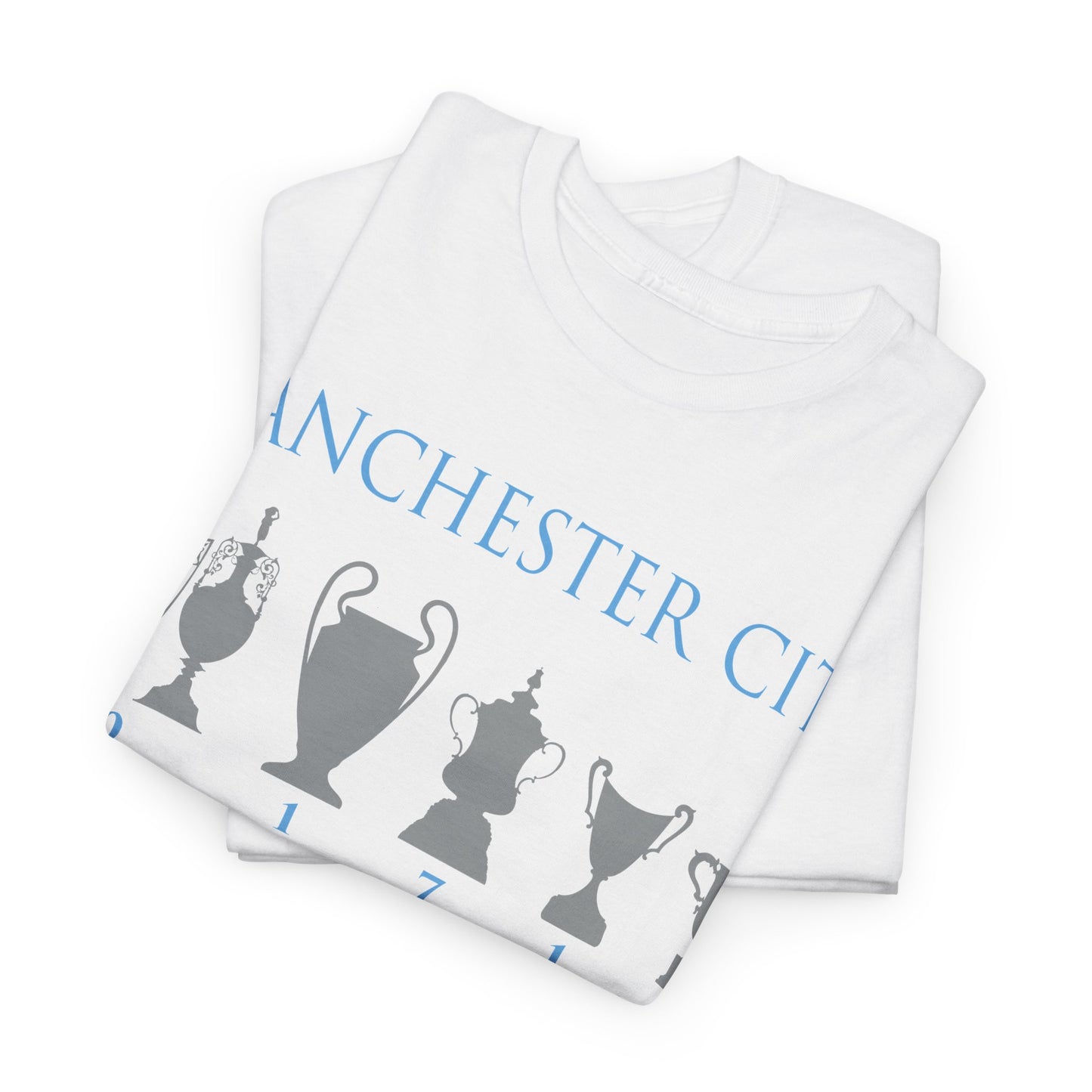 Manchester City Trophies Unisex Heavy Cotton T-Shirt - Light Blue/White/Black/Navy