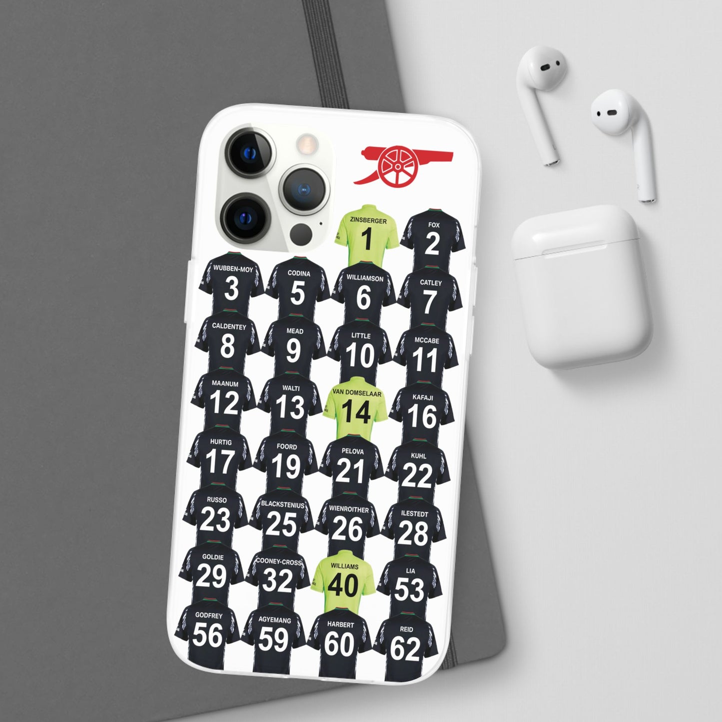 Arsenal Women Away Kit iPhone Flexi Case - iPhone 16, 15, 14, 13, 12, Mini/Plus/Pro/Pro Max - White