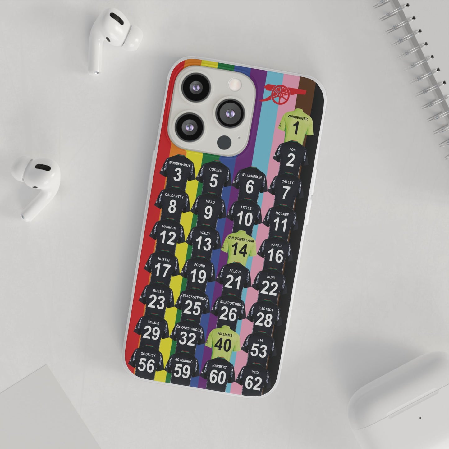 Arsenal Women Away Kit iPhone Flexi Case - iPhone 16, 15, 14, 13, 12, Mini/Plus/Pro/Pro Max - Rainbow