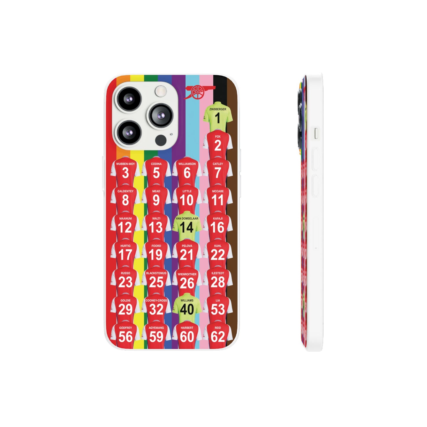 Arsenal Women Home Kit iPhone Flexi Case - iPhone 16, 15, 14, 13, 12, Mini/Plus/Pro/Pro Max - Rainbow