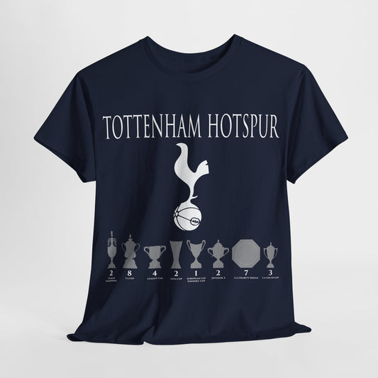 Tottenham Hotspur Cockerel & Trophies Unisex Heavy Cotton T-Shirt - Navy/White/Black/Gold/Light Blue/Royal