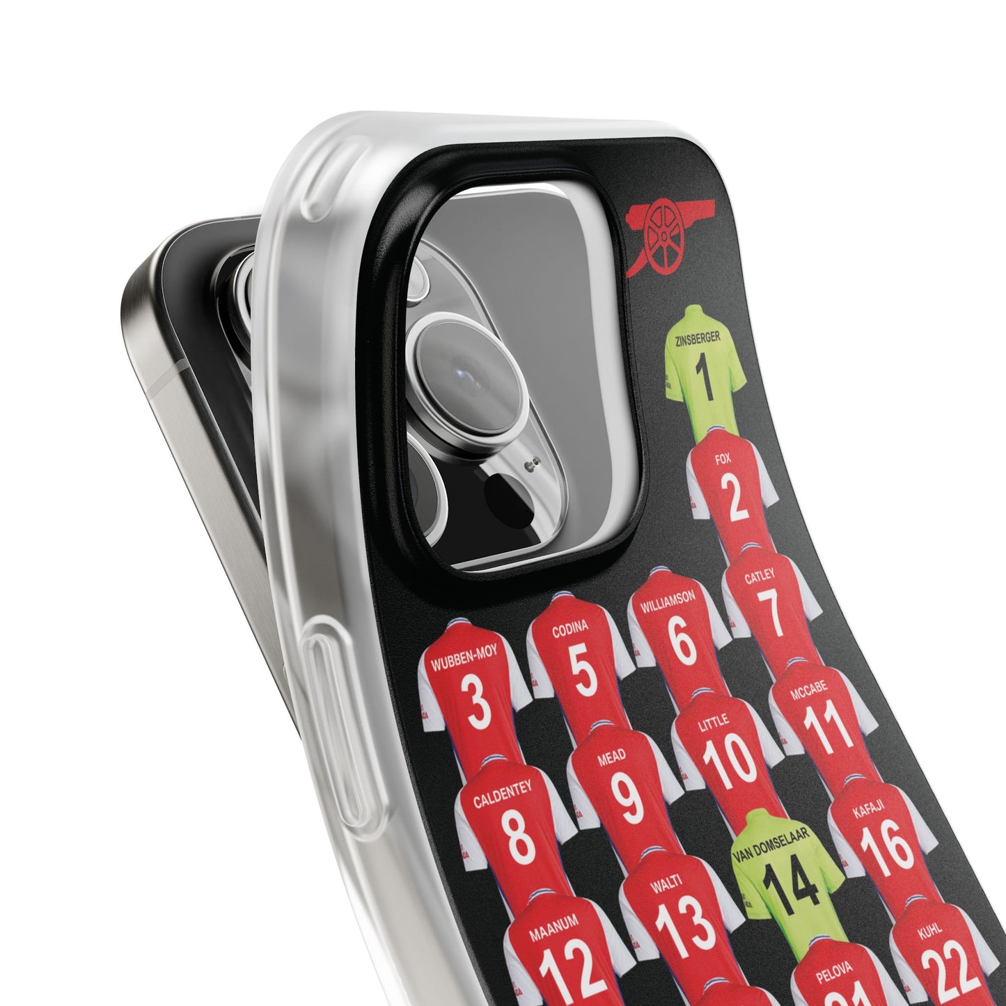 Arsenal Women Home Kit iPhone Flexi Case - iPhone 16, 15, 14, 13, 12, Mini/Plus/Pro/Pro Max - Black