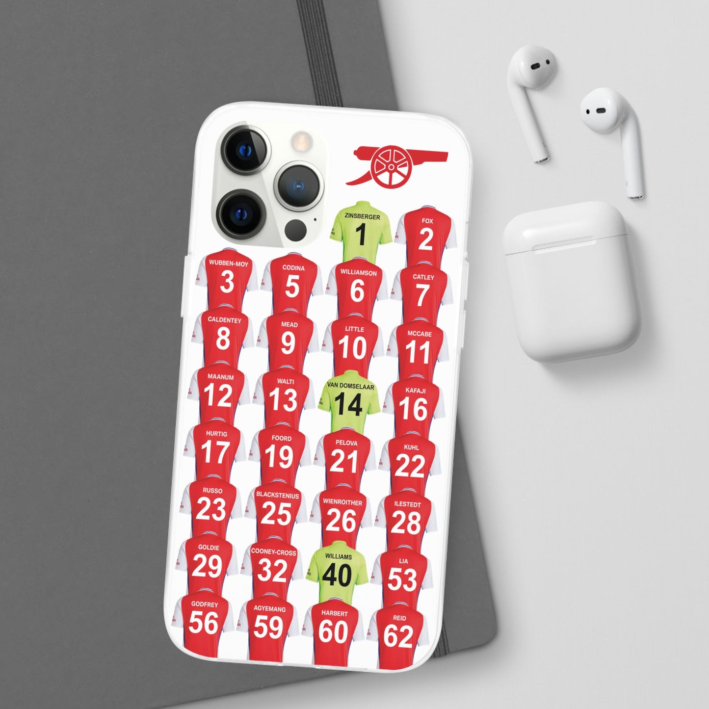 Arsenal Women Home Kit iPhone Flexi Case - iPhone 16, 15, 14, 13, 12, Mini/Plus/Pro/Pro Max - White