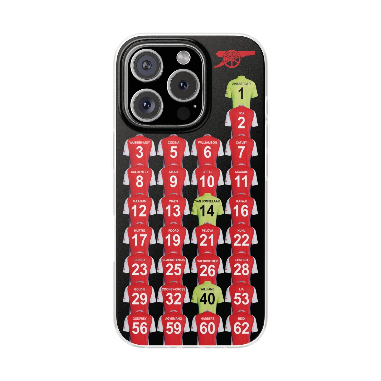 Arsenal Women Home Kit iPhone Flexi Case - iPhone 16, 15, 14, 13, 12, Mini/Plus/Pro/Pro Max - Black