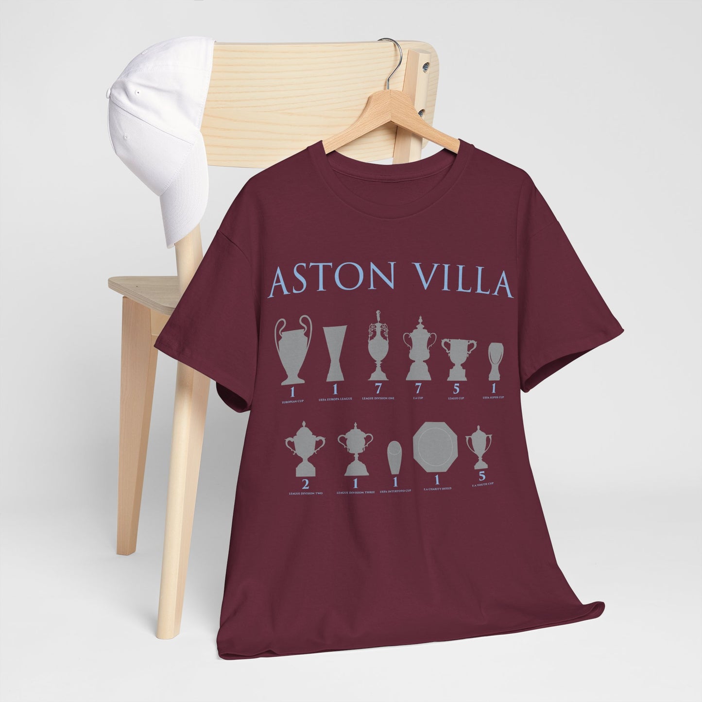 Aston Villa Trophies Unisex Heavy Cotton T-Shirt - Maroon/White/Light Blue