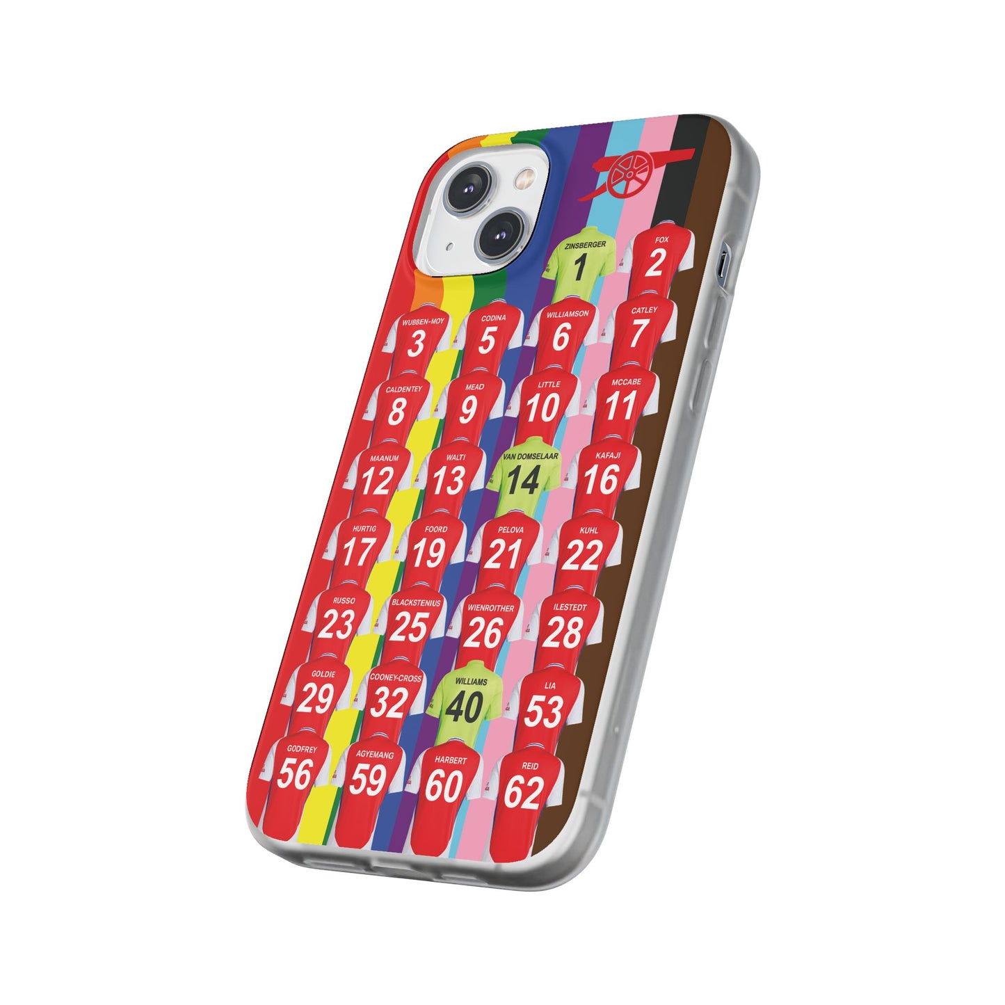 Arsenal Women Home Kit iPhone Flexi Case - iPhone 16, 15, 14, 13, 12, Mini/Plus/Pro/Pro Max - Rainbow