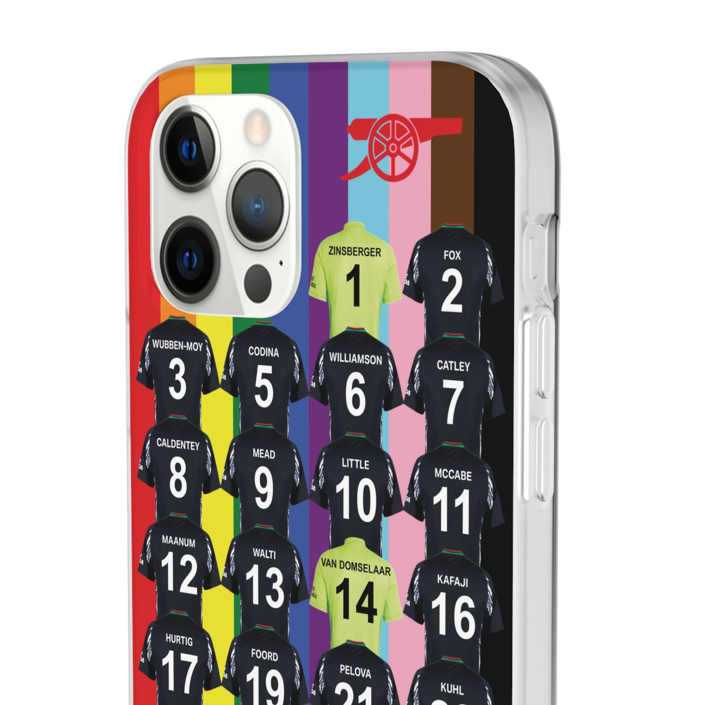 Arsenal Women Away Kit iPhone Flexi Case - iPhone 16, 15, 14, 13, 12, Mini/Plus/Pro/Pro Max - Rainbow