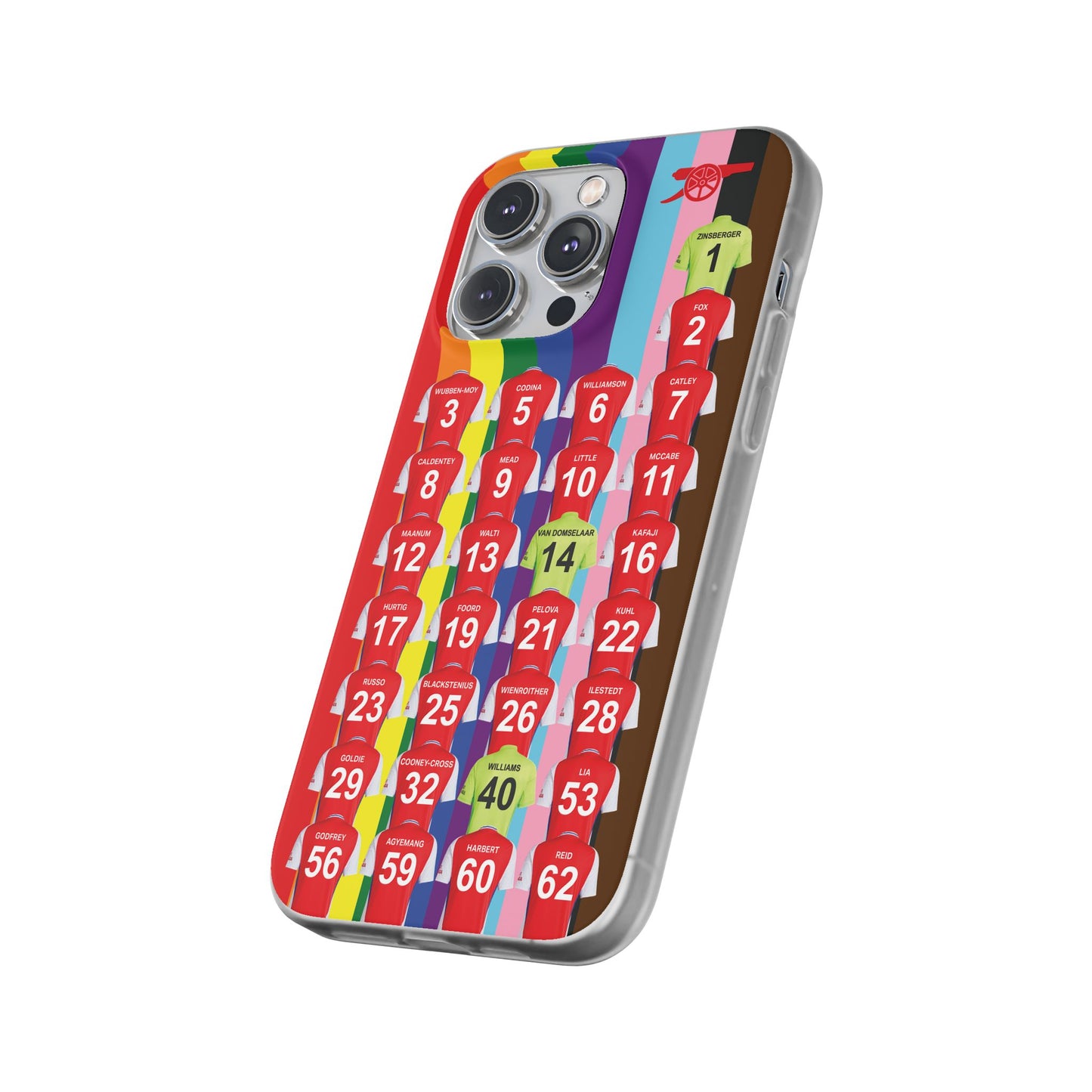 Arsenal Women Home Kit iPhone Flexi Case - iPhone 16, 15, 14, 13, 12, Mini/Plus/Pro/Pro Max - Rainbow