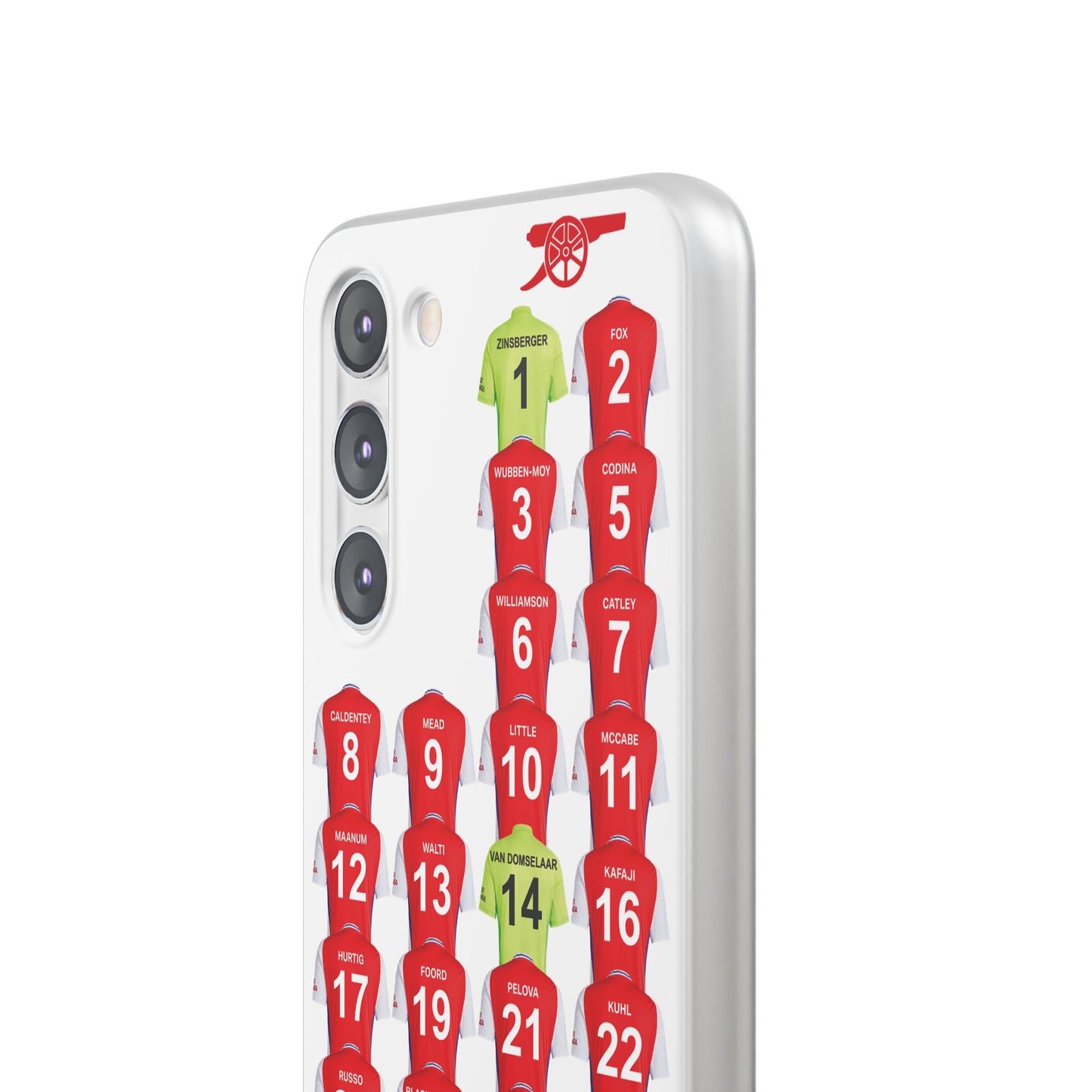 Arsenal Women Home Kit Samsung Galaxy Flexi Case - Samsung Galaxy S23, S22, S21, S10, Plus/Ultra - White