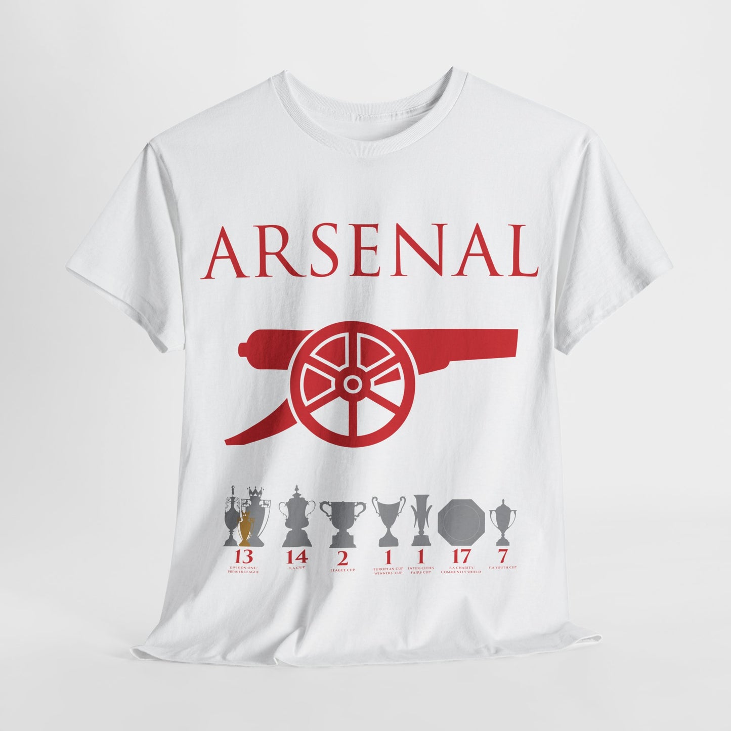 Arsenal Cannon & Trophies Unisex Heavy Cotton T-Shirt - Red/White/Black/Gold/Royal