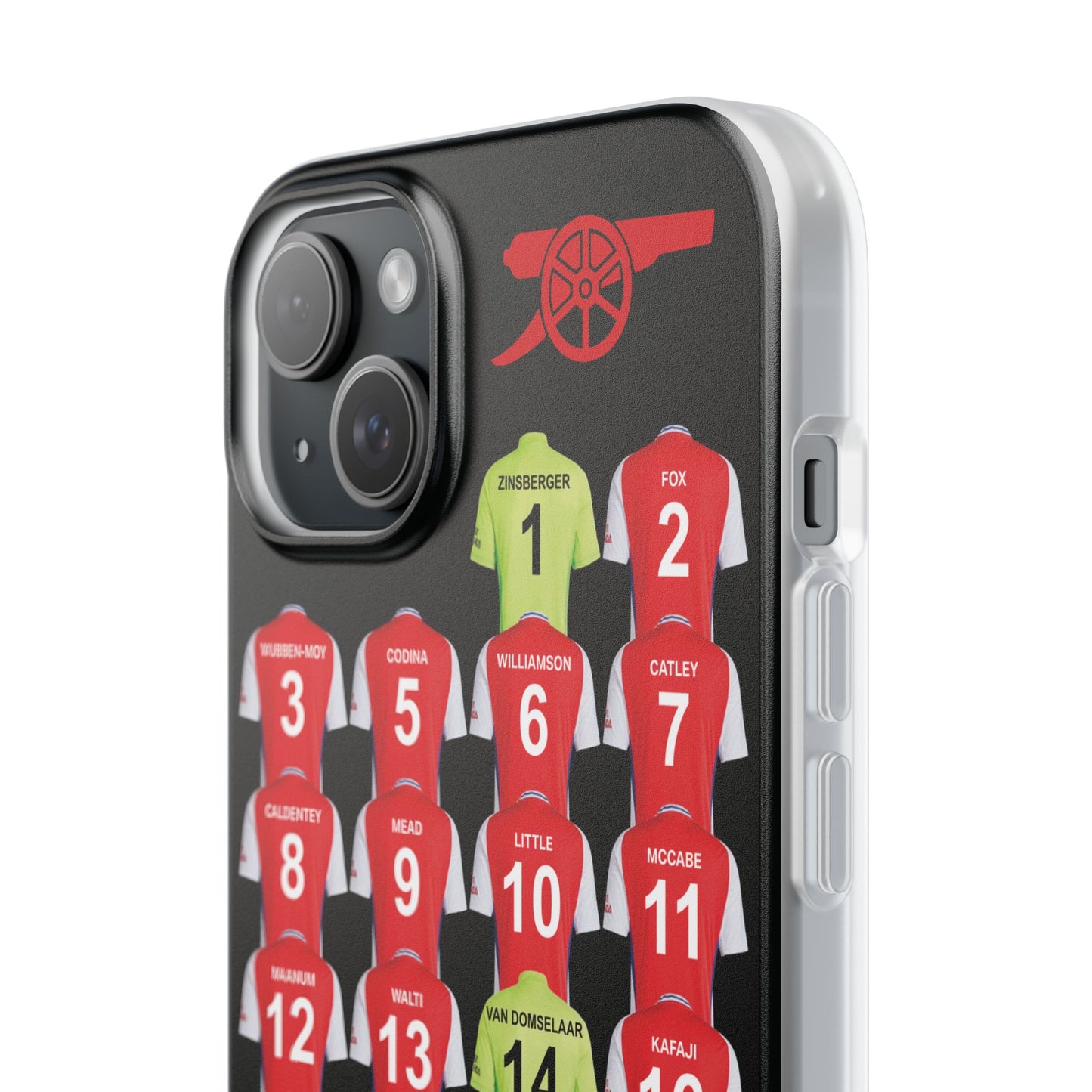 Arsenal Women Home Kit iPhone Flexi Case - iPhone 16, 15, 14, 13, 12, Mini/Plus/Pro/Pro Max - Black