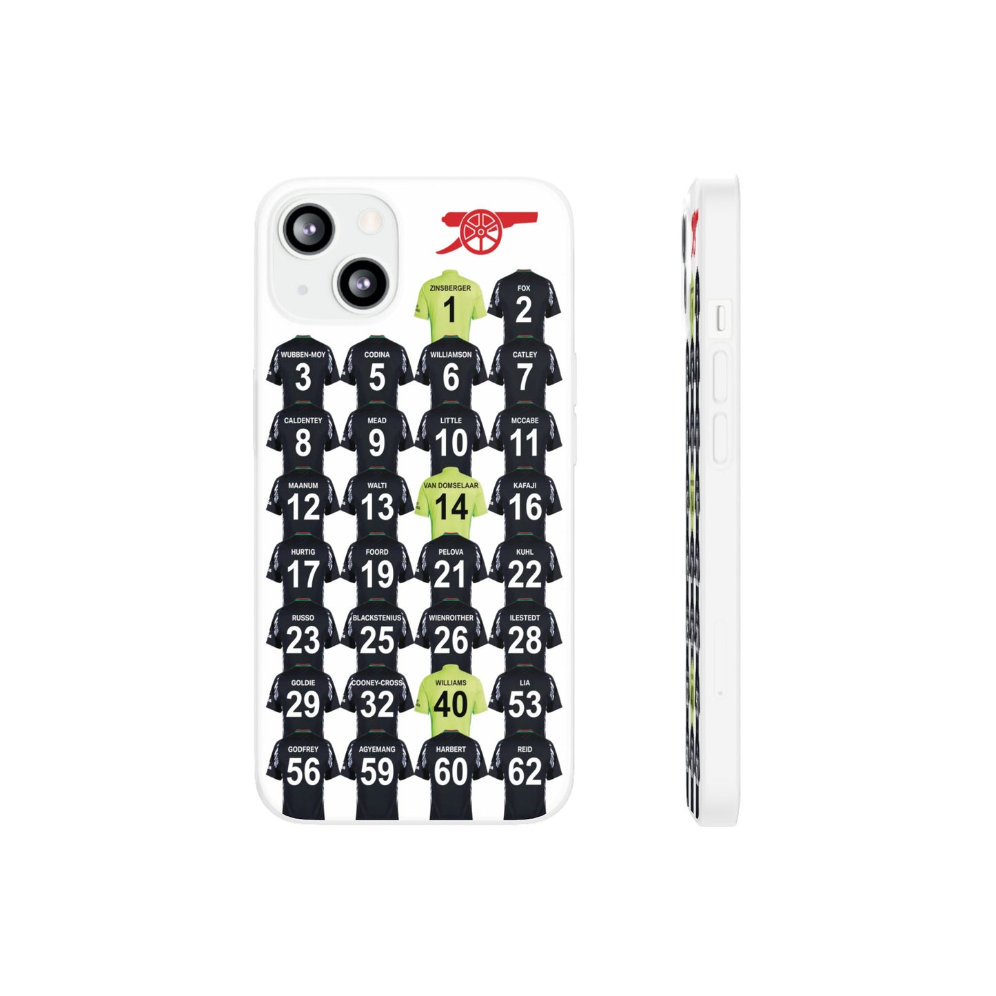 Arsenal Women Away Kit iPhone Flexi Case - iPhone 16, 15, 14, 13, 12, Mini/Plus/Pro/Pro Max - White