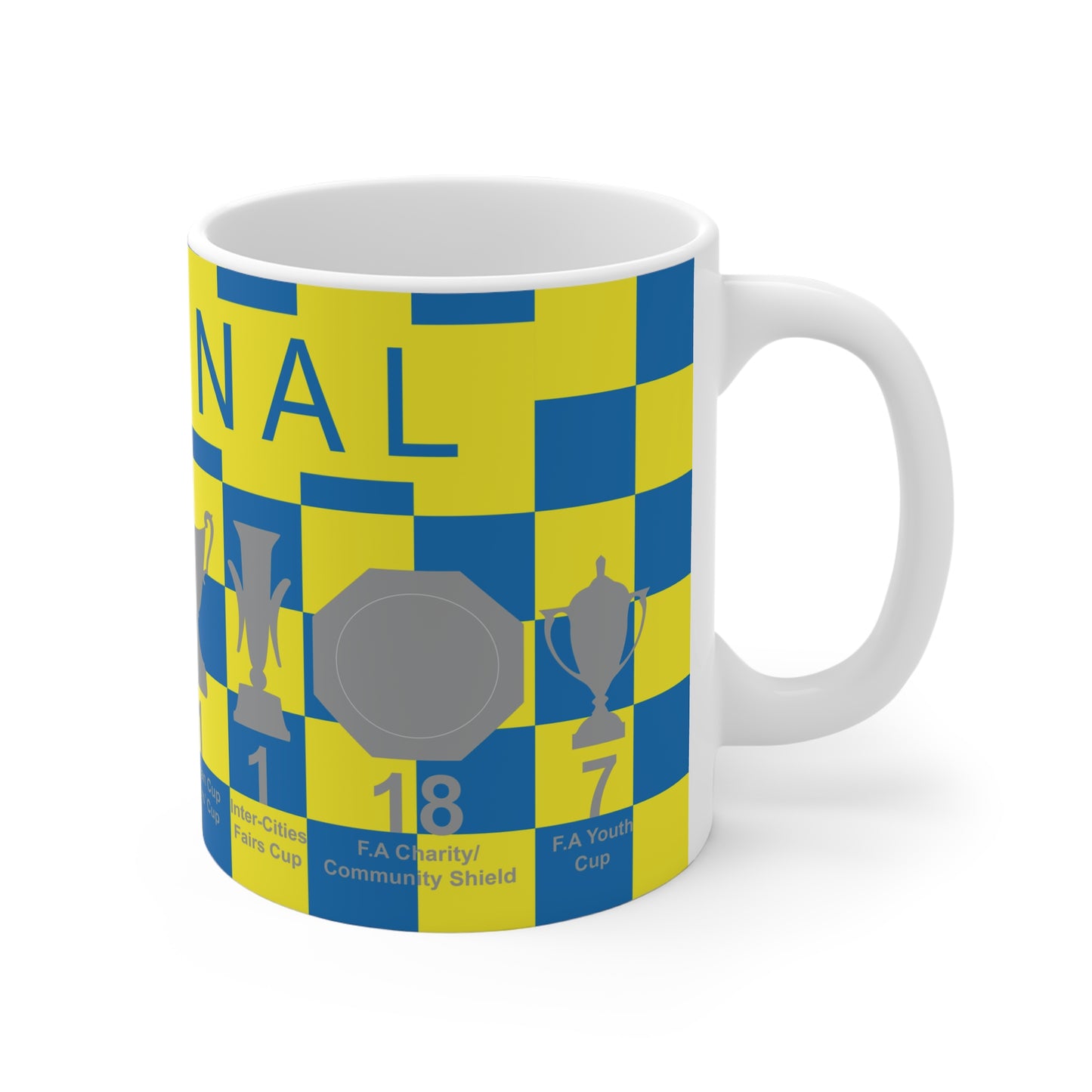 Arsenal Yellow & Blue Chequered Trophies Mug UPDATED - Blue Text