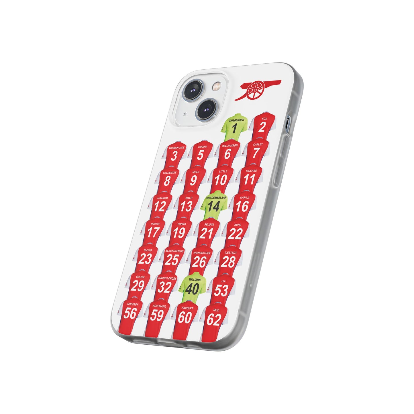 Arsenal Women Home Kit iPhone Flexi Case - iPhone 16, 15, 14, 13, 12, Mini/Plus/Pro/Pro Max - White