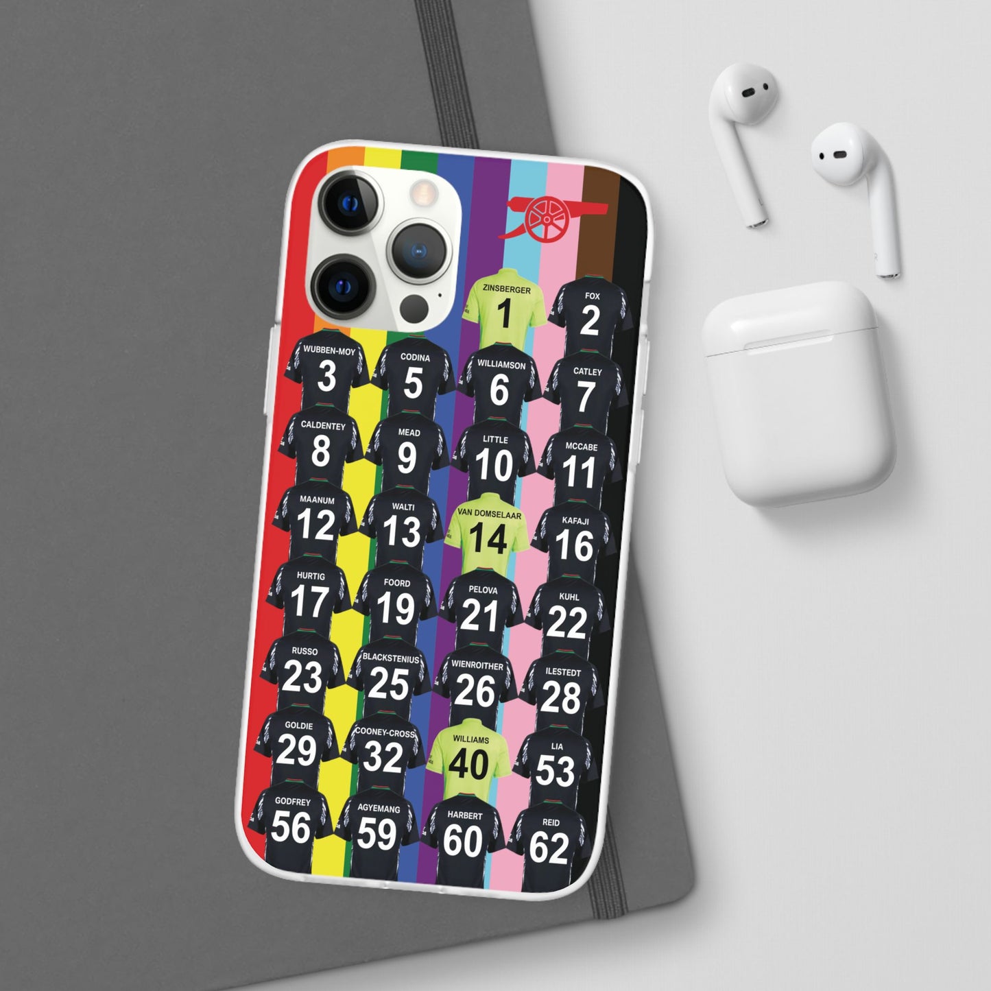 Arsenal Women Away Kit iPhone Flexi Case - iPhone 16, 15, 14, 13, 12, Mini/Plus/Pro/Pro Max - Rainbow