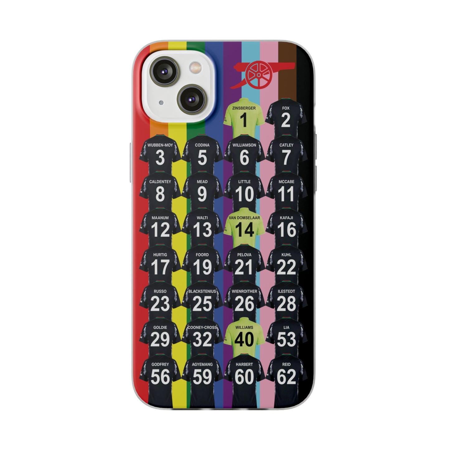 Arsenal Women Away Kit iPhone Flexi Case - iPhone 16, 15, 14, 13, 12, Mini/Plus/Pro/Pro Max - Rainbow