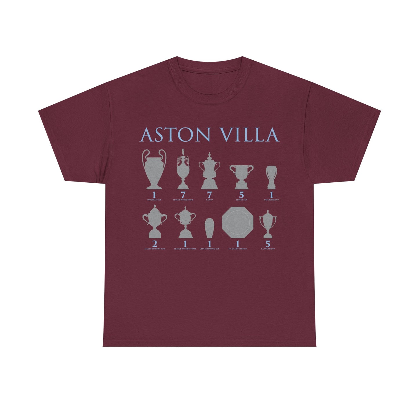 Aston Villa Trophies Unisex Heavy Cotton T-Shirt - Maroon/White/Light Blue
