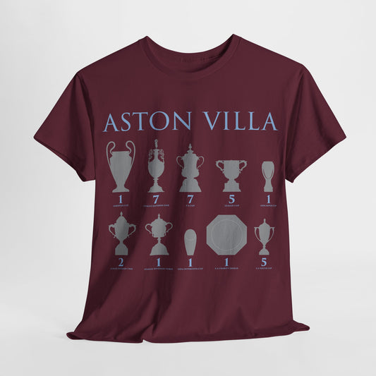 Aston Villa Trophies Unisex Heavy Cotton T-Shirt - Maroon/White/Light Blue