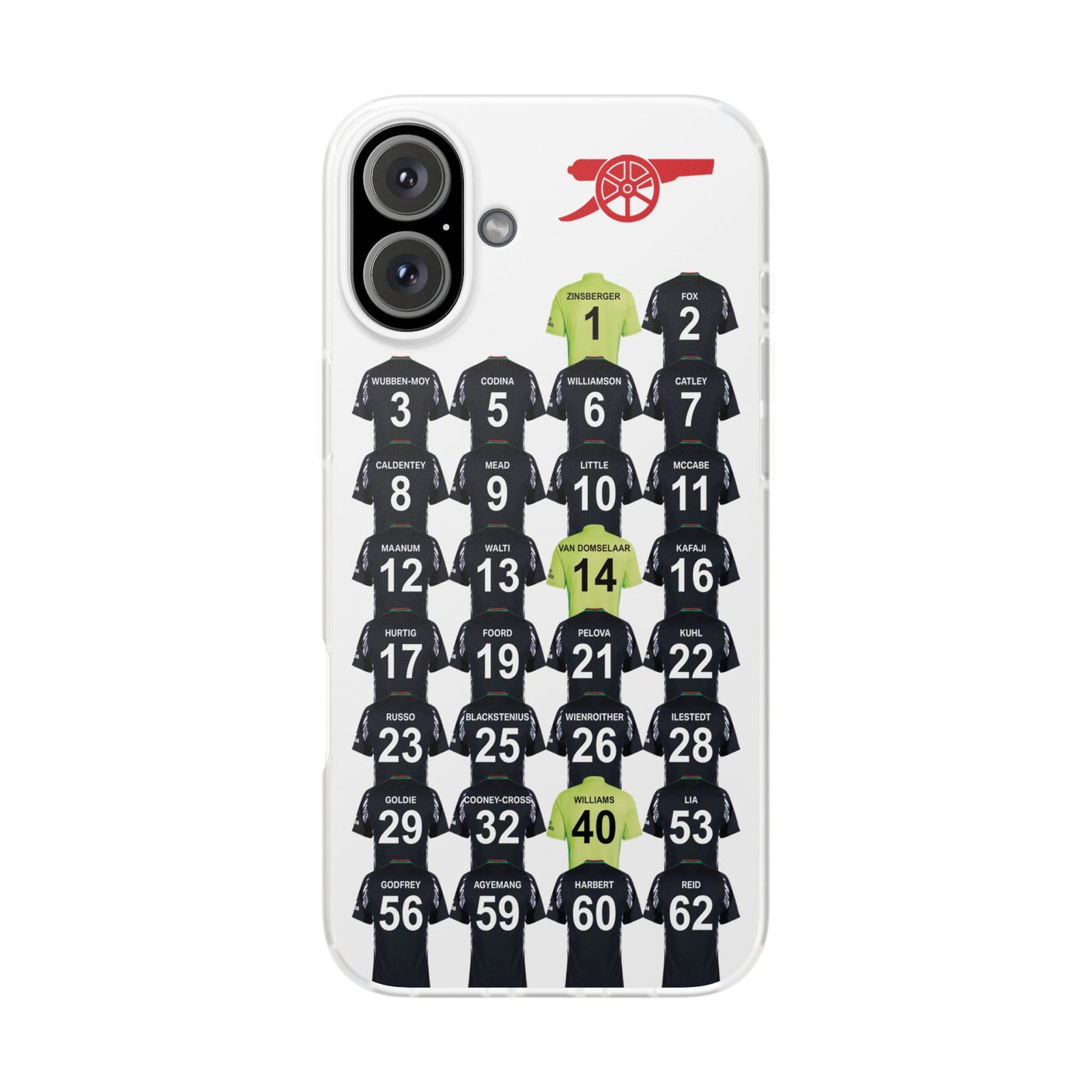 Arsenal Women Away Kit iPhone Flexi Case - iPhone 16, 15, 14, 13, 12, Mini/Plus/Pro/Pro Max - White