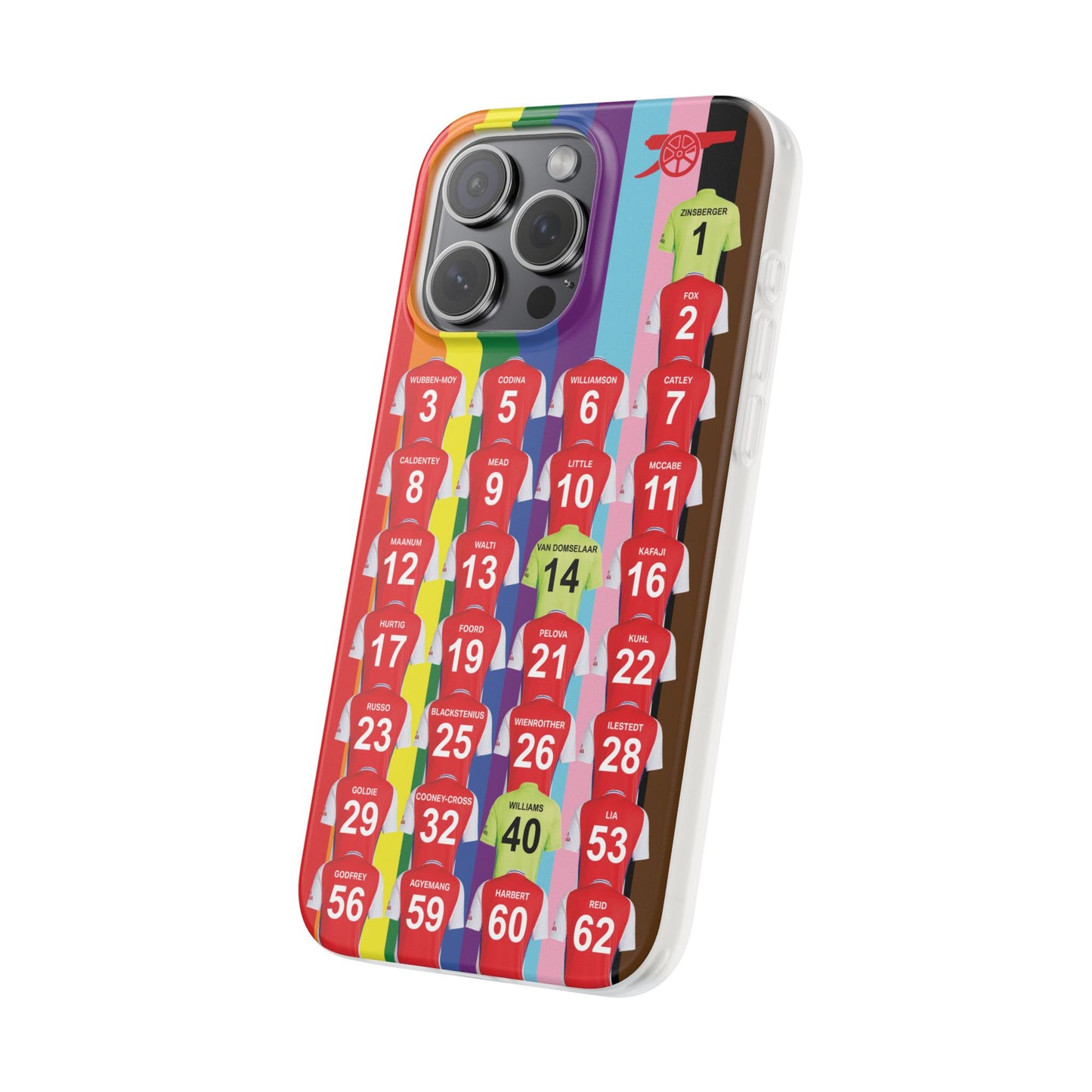 Arsenal Women Home Kit iPhone Flexi Case - iPhone 16, 15, 14, 13, 12, Mini/Plus/Pro/Pro Max - Rainbow