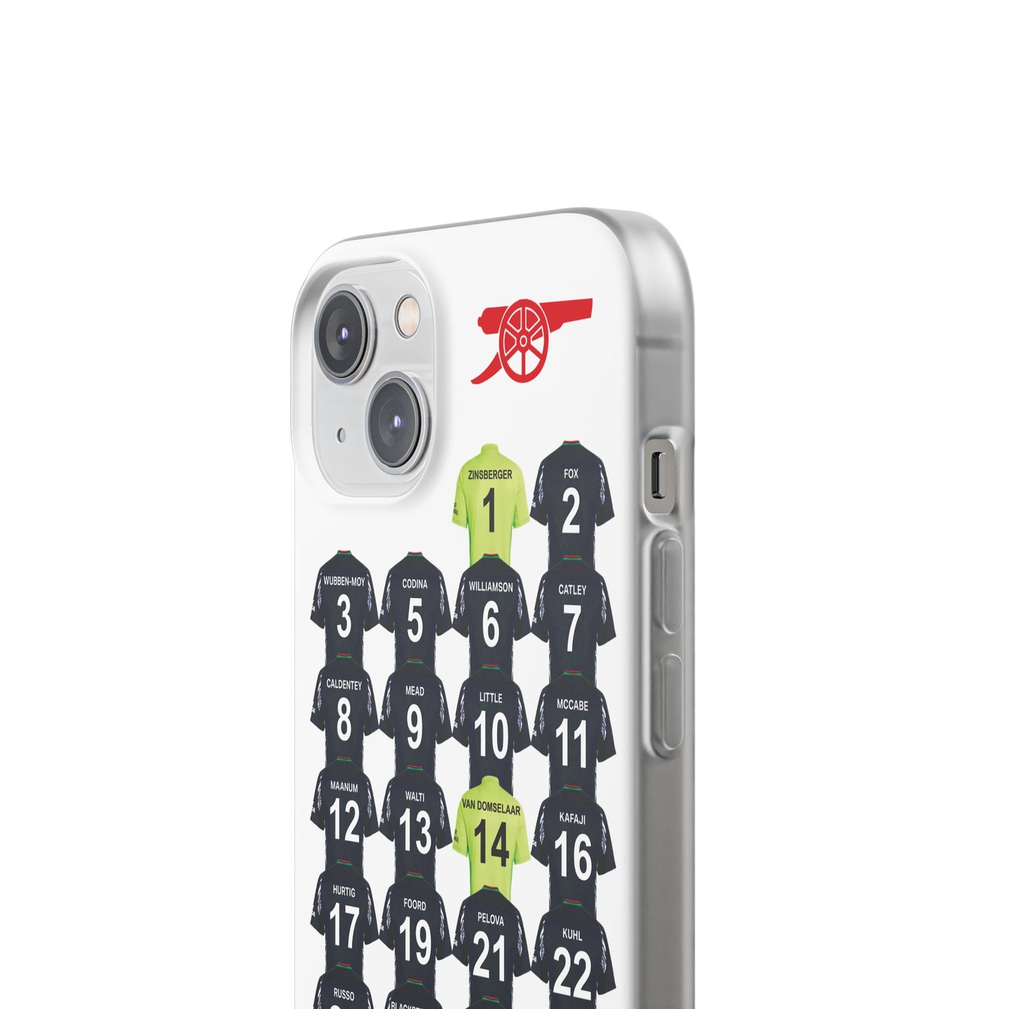 Arsenal Women Away Kit iPhone Flexi Case - iPhone 16, 15, 14, 13, 12, Mini/Plus/Pro/Pro Max - White