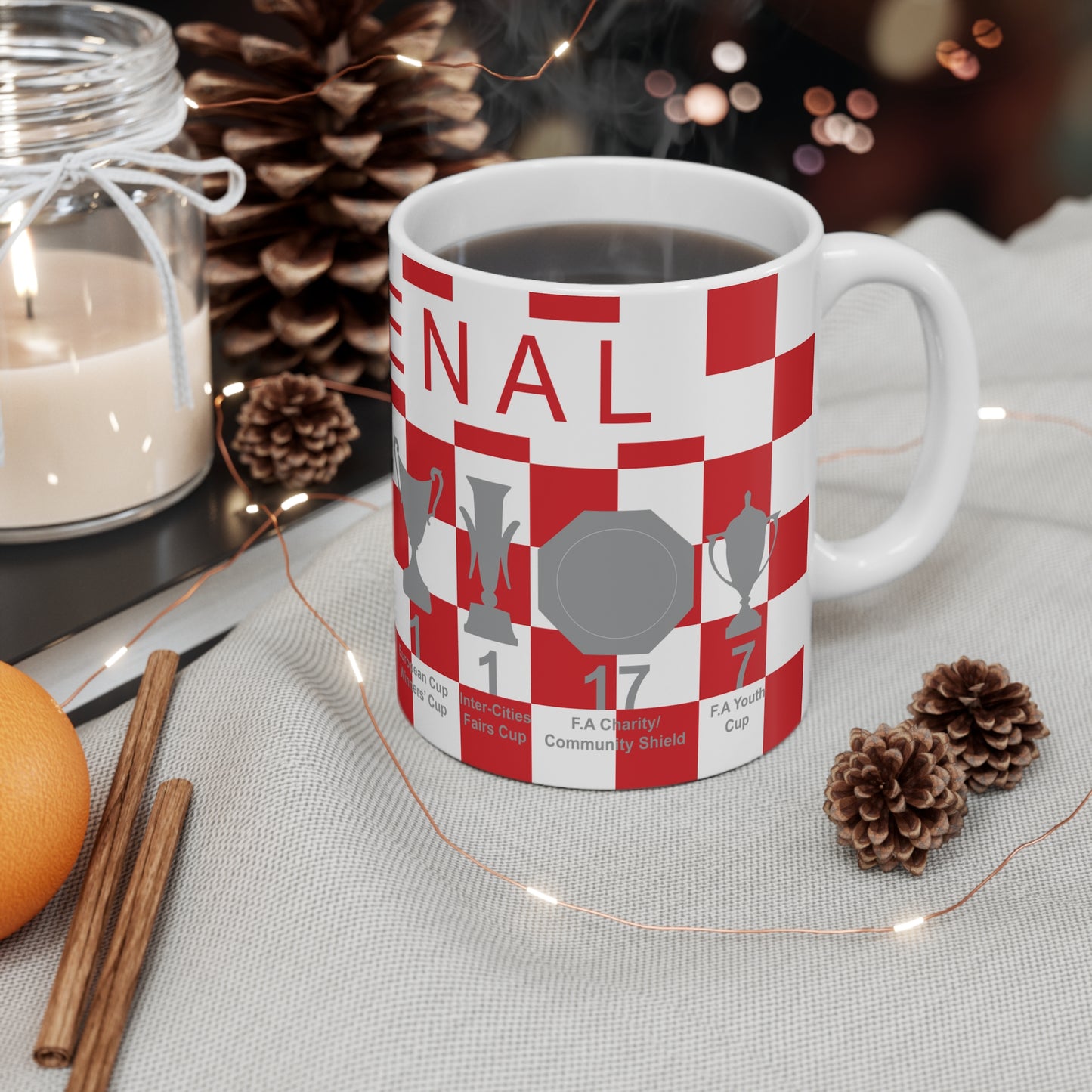 Arsenal Red & White Chequered Trophies Mug UPDATED - Red Text