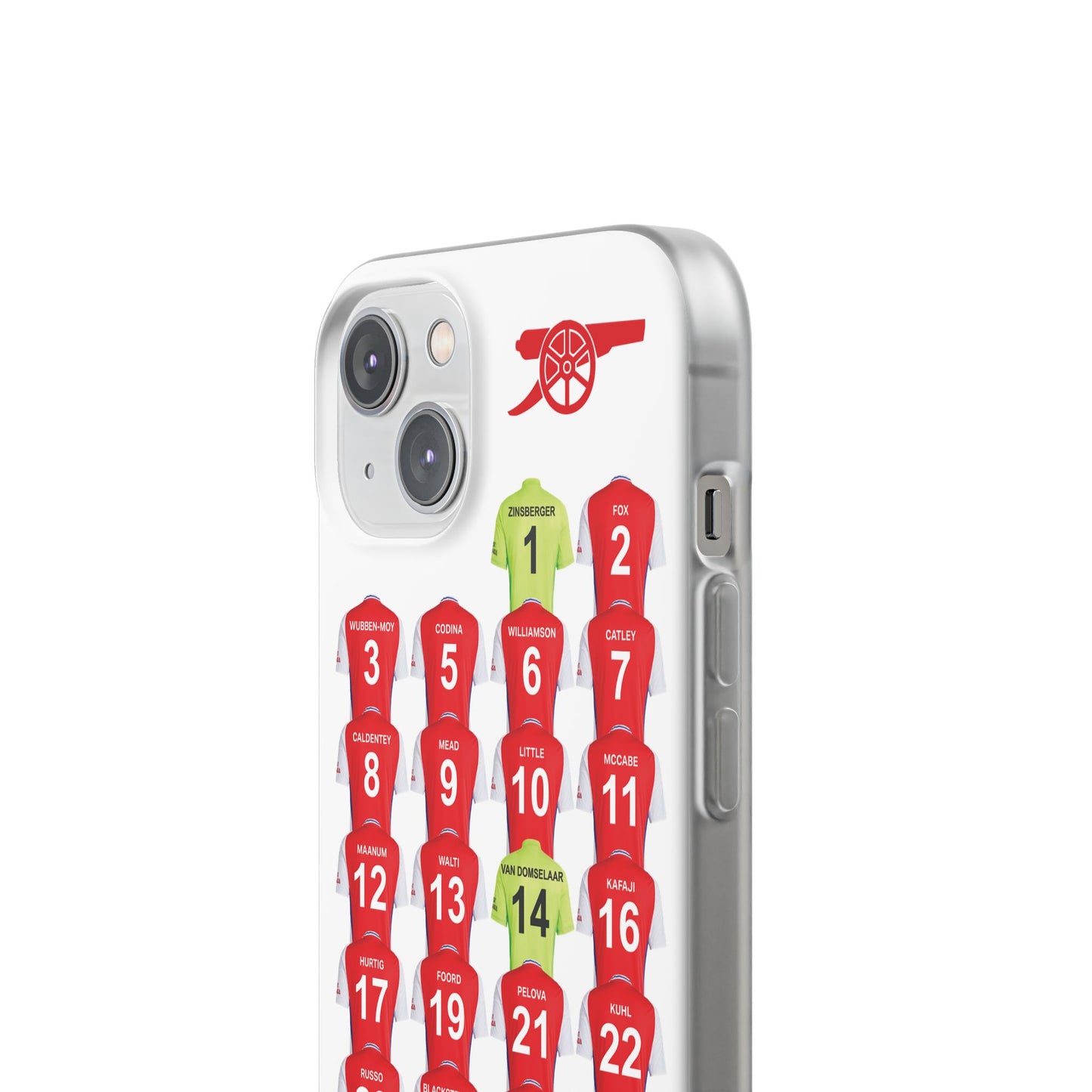 Arsenal Women Home Kit iPhone Flexi Case - iPhone 16, 15, 14, 13, 12, Mini/Plus/Pro/Pro Max - White