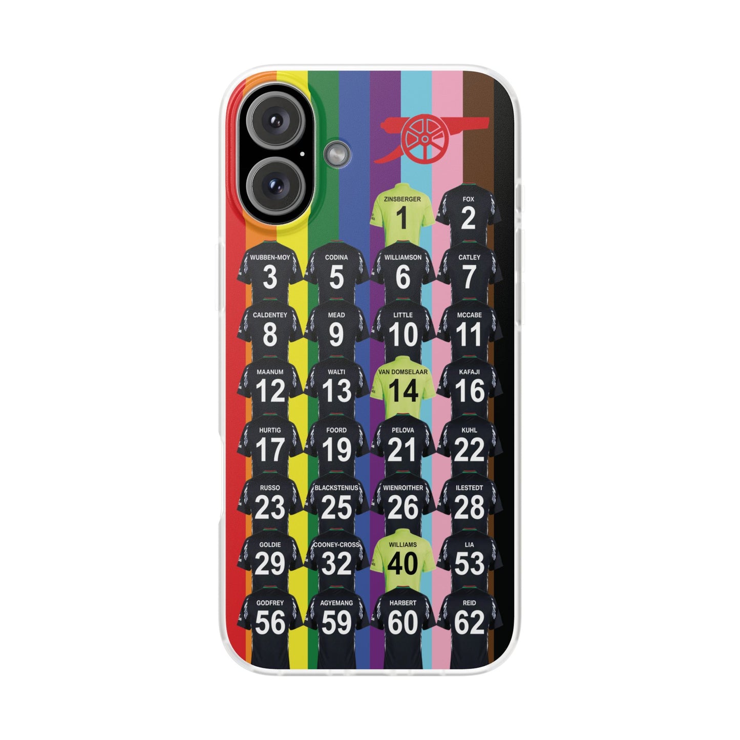 Arsenal Women Away Kit iPhone Flexi Case - iPhone 16, 15, 14, 13, 12, Mini/Plus/Pro/Pro Max - Rainbow