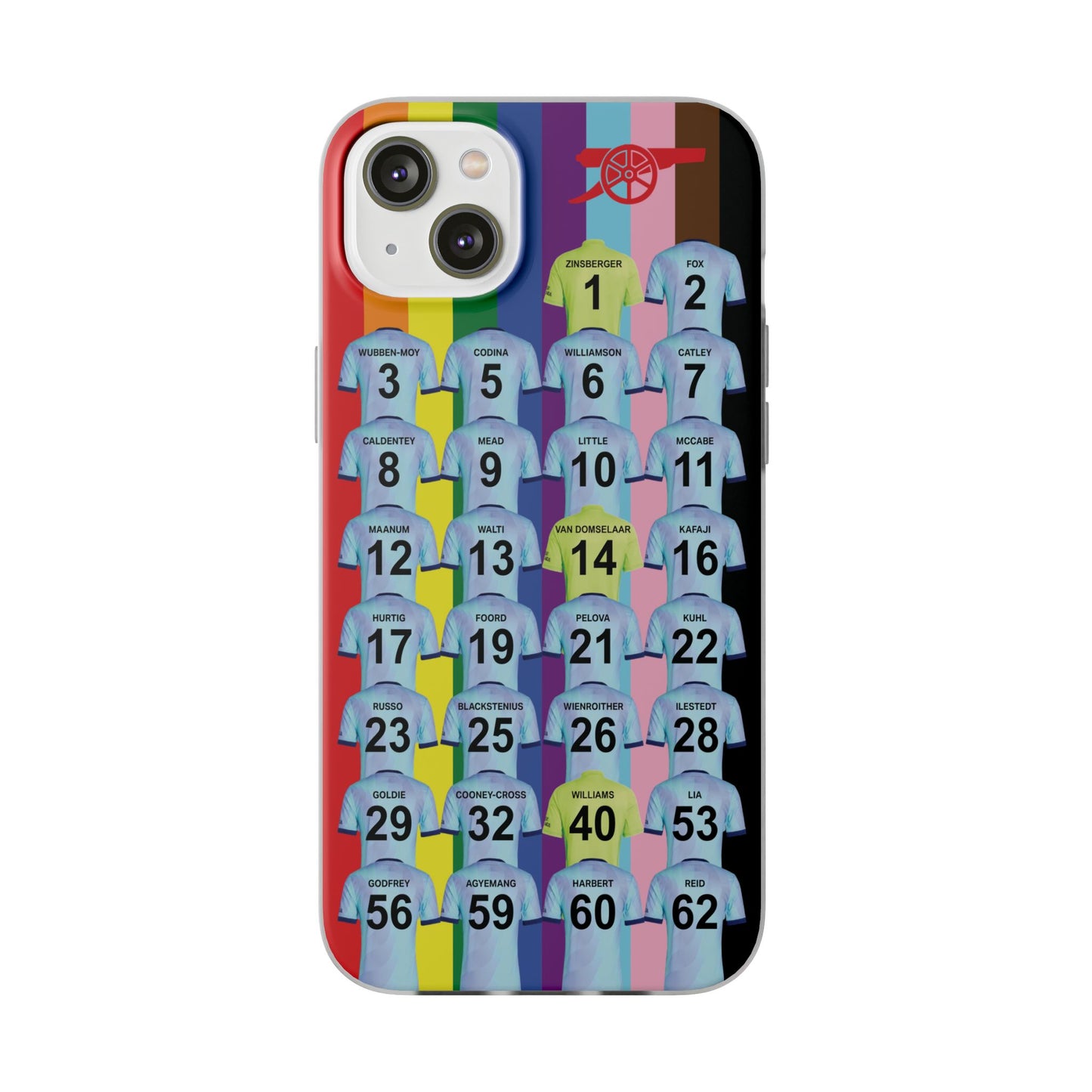 Arsenal Women Third Kit iPhone Flexi Case - iPhone 16, 15, 14, 13, 12, Mini/Plus/Pro/Pro Max - Rainbow