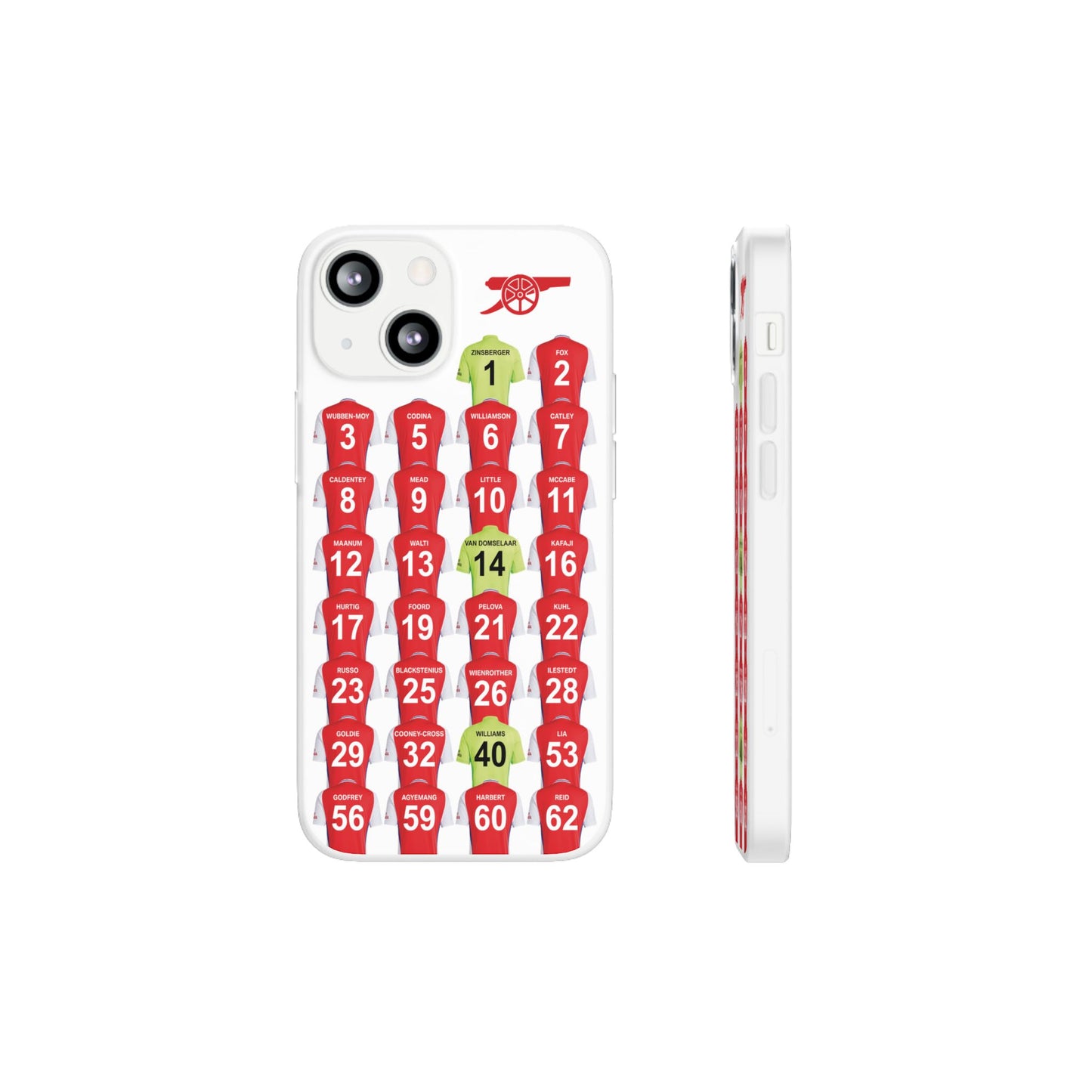 Arsenal Women Home Kit iPhone Flexi Case - iPhone 16, 15, 14, 13, 12, Mini/Plus/Pro/Pro Max - White