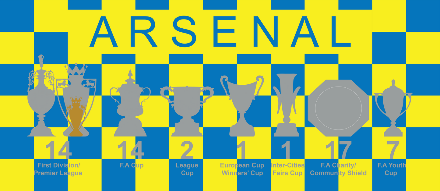 Arsenal Yellow & Blue Chequered Trophies Mug UPDATED - Blue Text